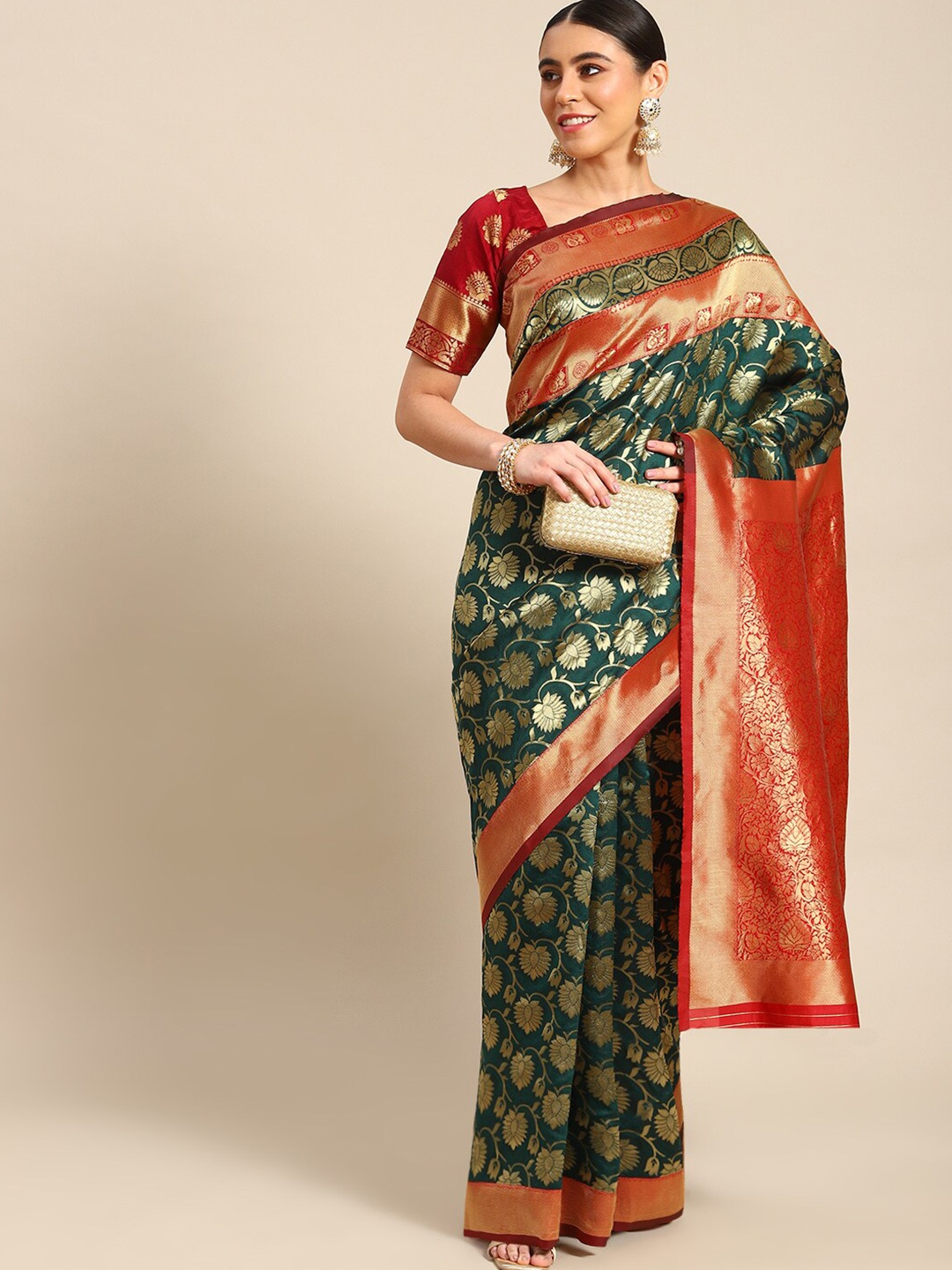

all about you Green & Orange Ethnic Motifs Woven Design Zari Kanjeevaram Saree