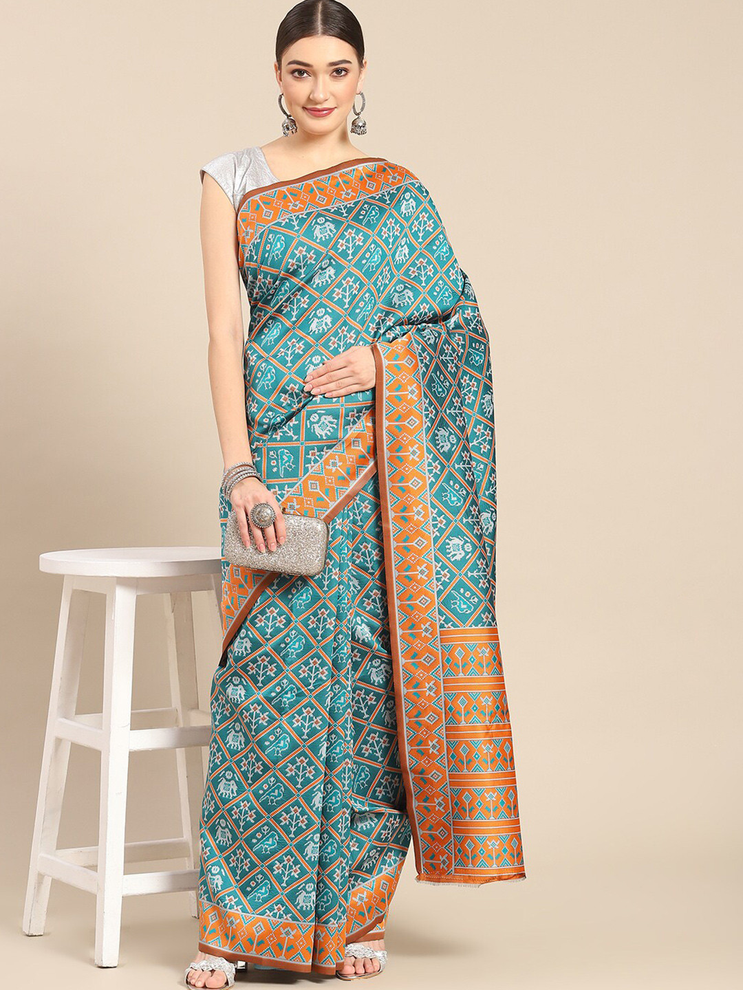 

all about you Turquoise Blue & Orange Ethnic Motifs Woven Design Zari Kanjeevaram Saree