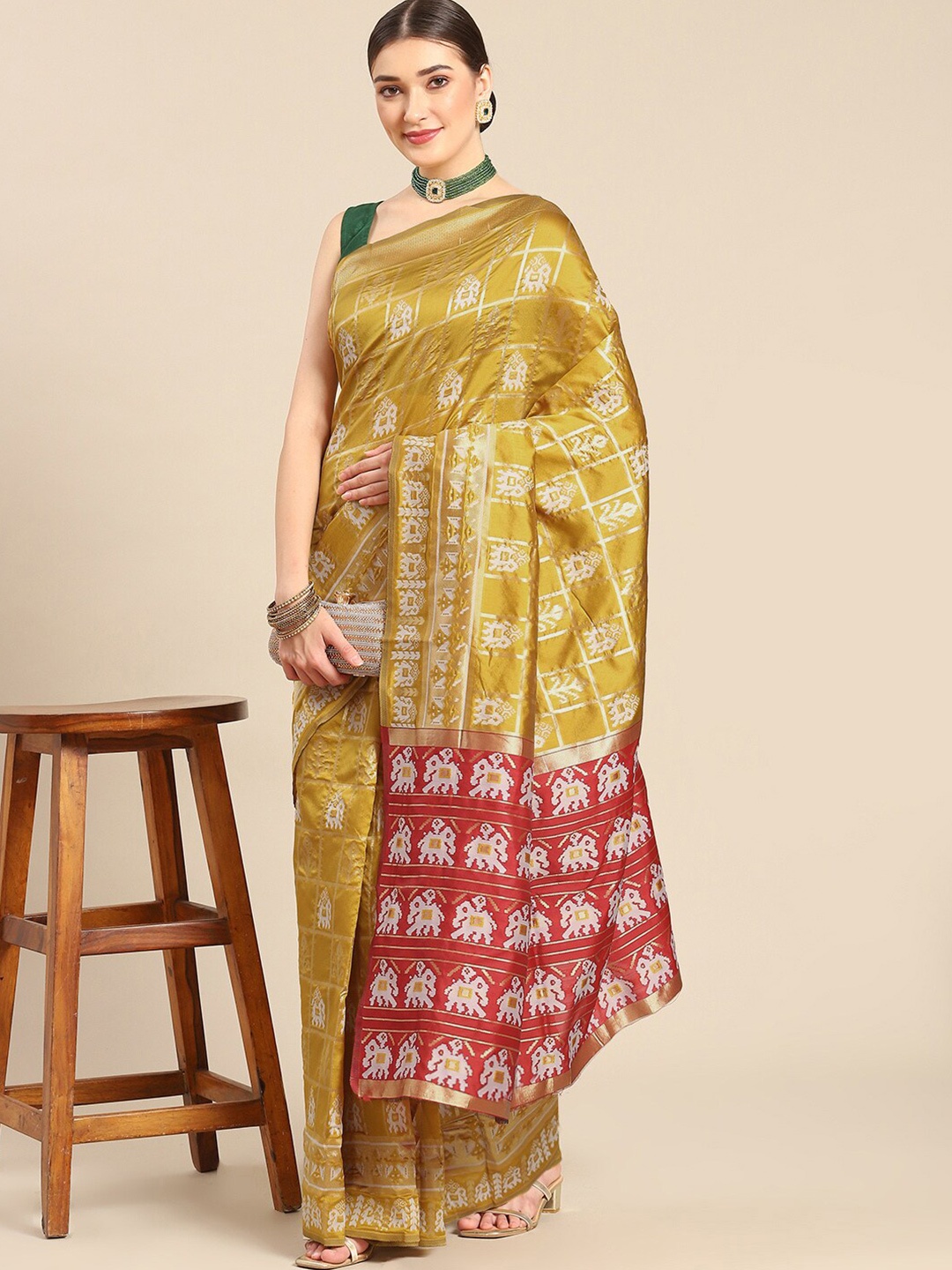 

all about you Yellow & Red Ethnic Motifs Woven Design Zari Kanjeevaram Saree