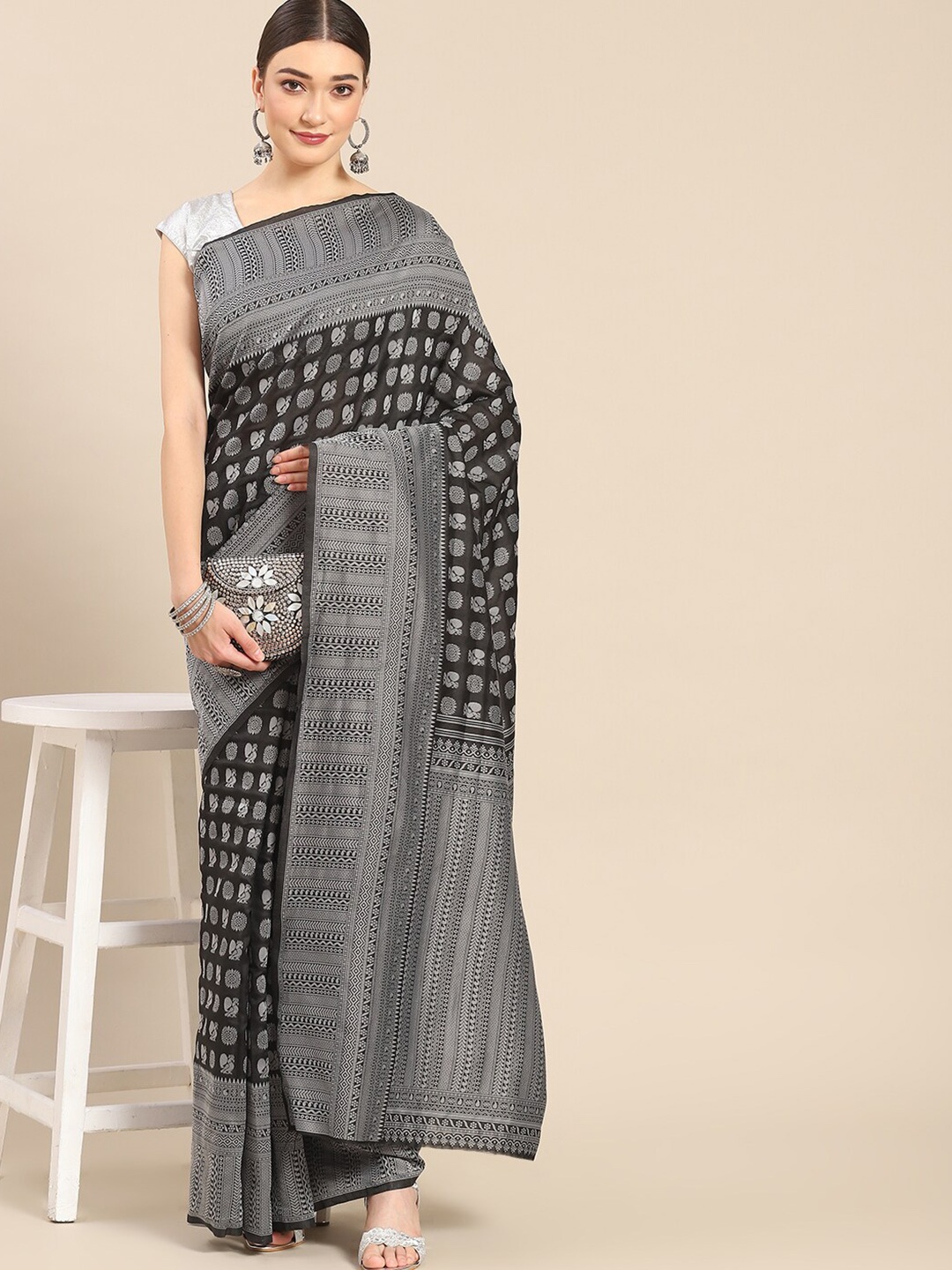 

all about you Black & Silver-Toned Ethnic Motifs Woven Design Zari Kanjeevaram Saree