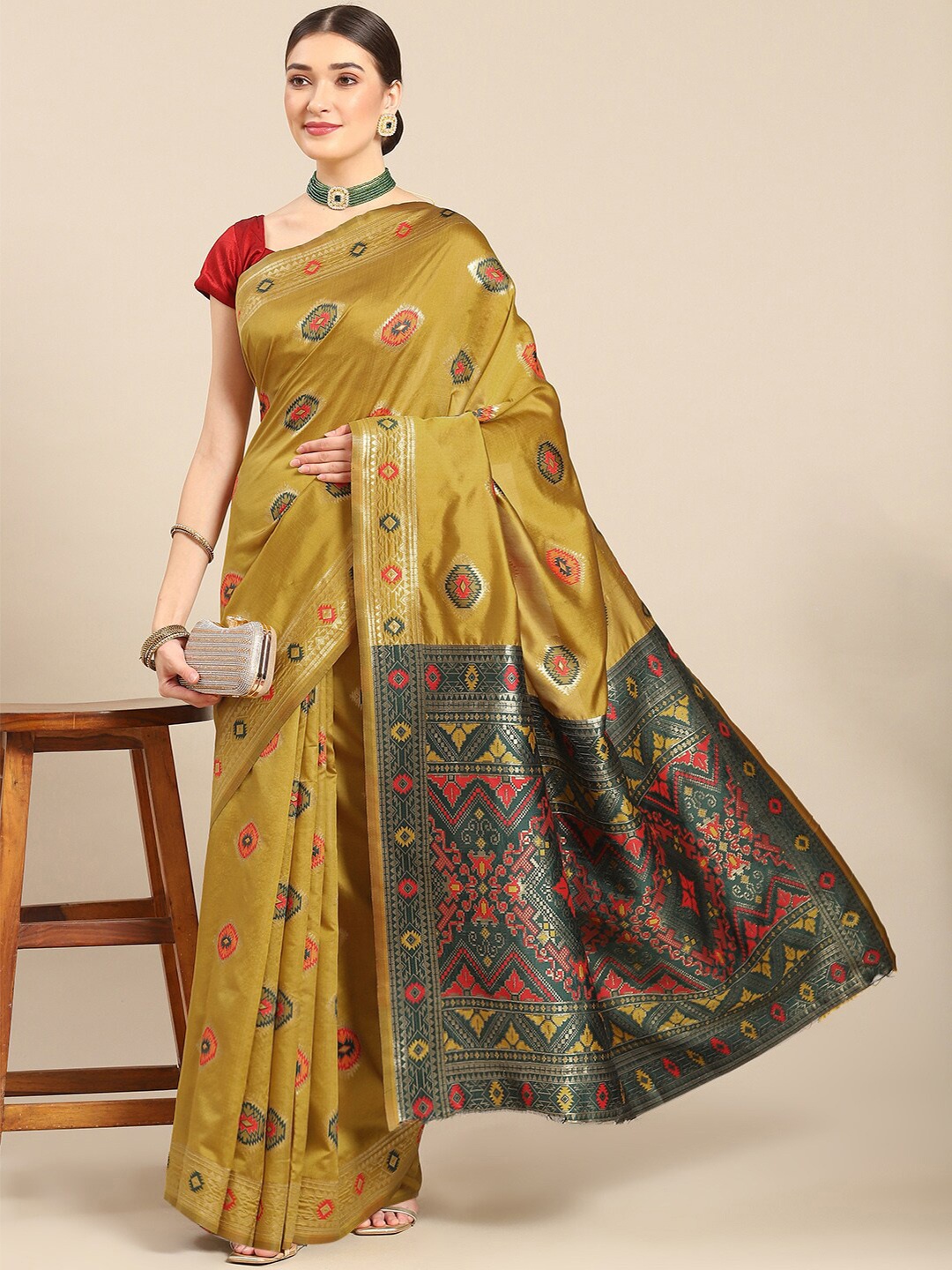 

all about you Mustard & Red Ethnic Motifs Woven Design Zari Kanjeevaram Saree