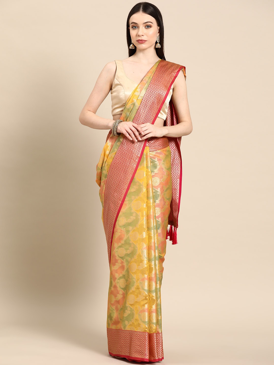 

Tasarika Ethnic Motifs Zari Organza Banarasi Saree, Yellow