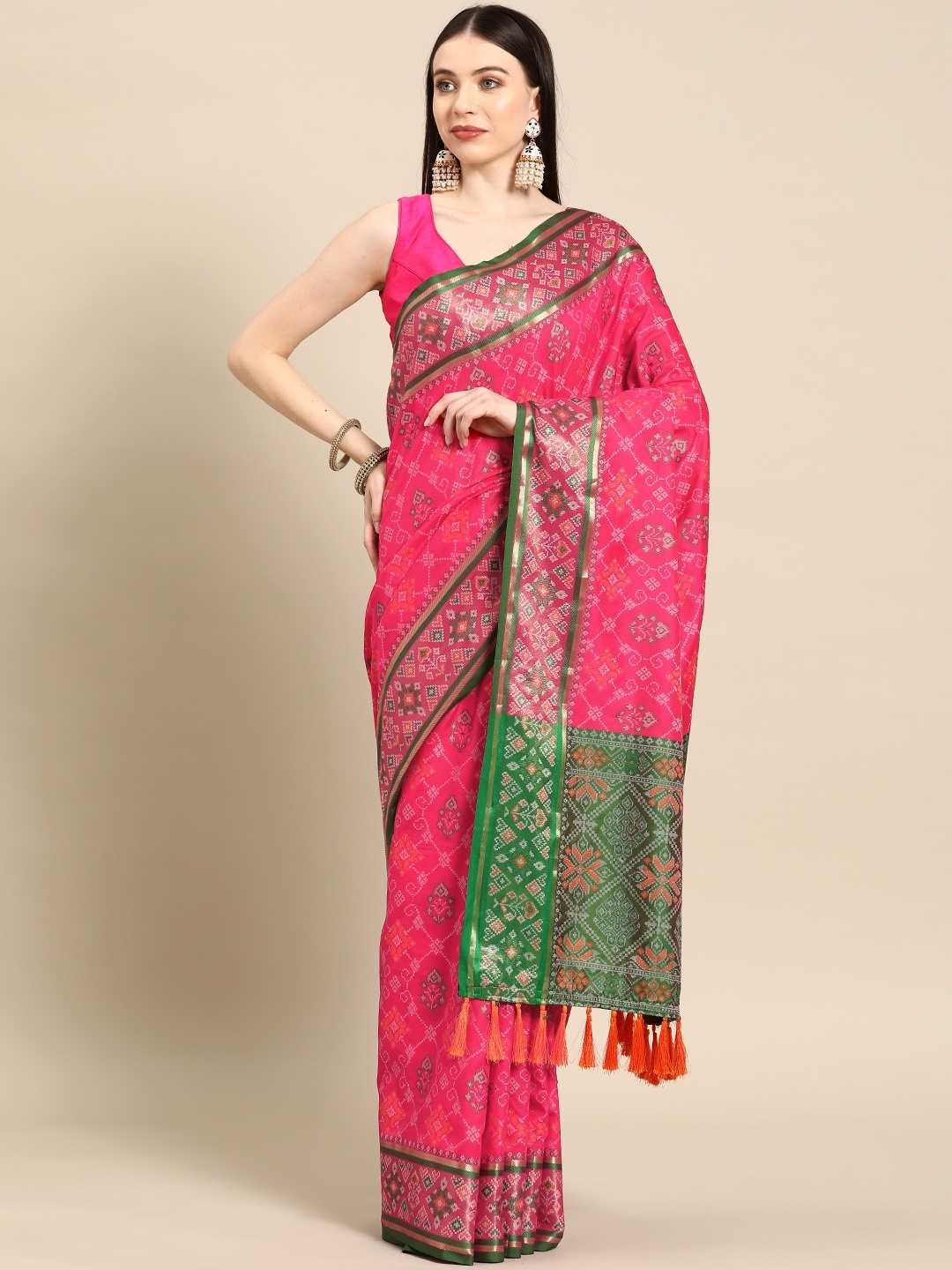 

Tasarika Ethnic Motifs Zari Silk Blend Patola Saree, Pink