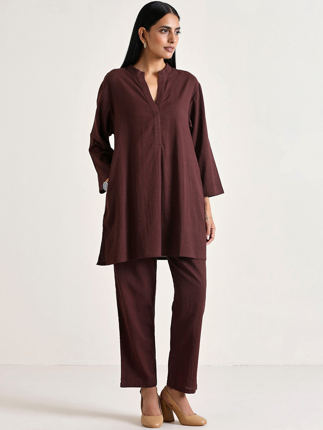 

trueBrowns Mandarin Collar Tunic With Trousers, Brown