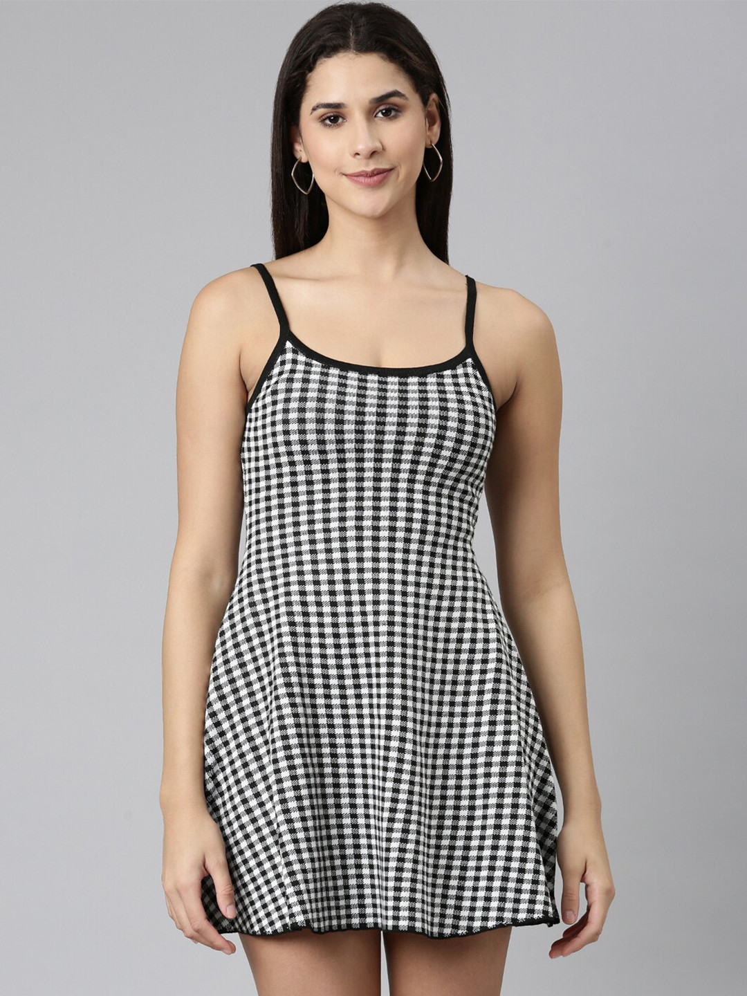 

SHOWOFF Monochrome Checked Cotton Casual A-Line Dress, White