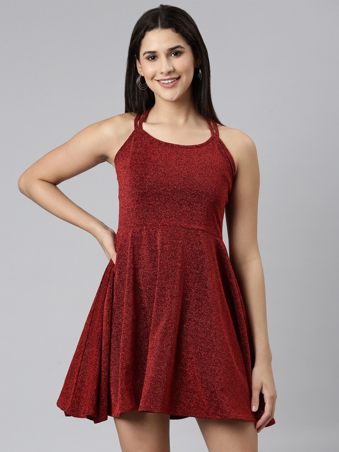 

SHOWOFF Shoulder Straps Self Design Bling & Sparkly Details A-Line Dress, Maroon