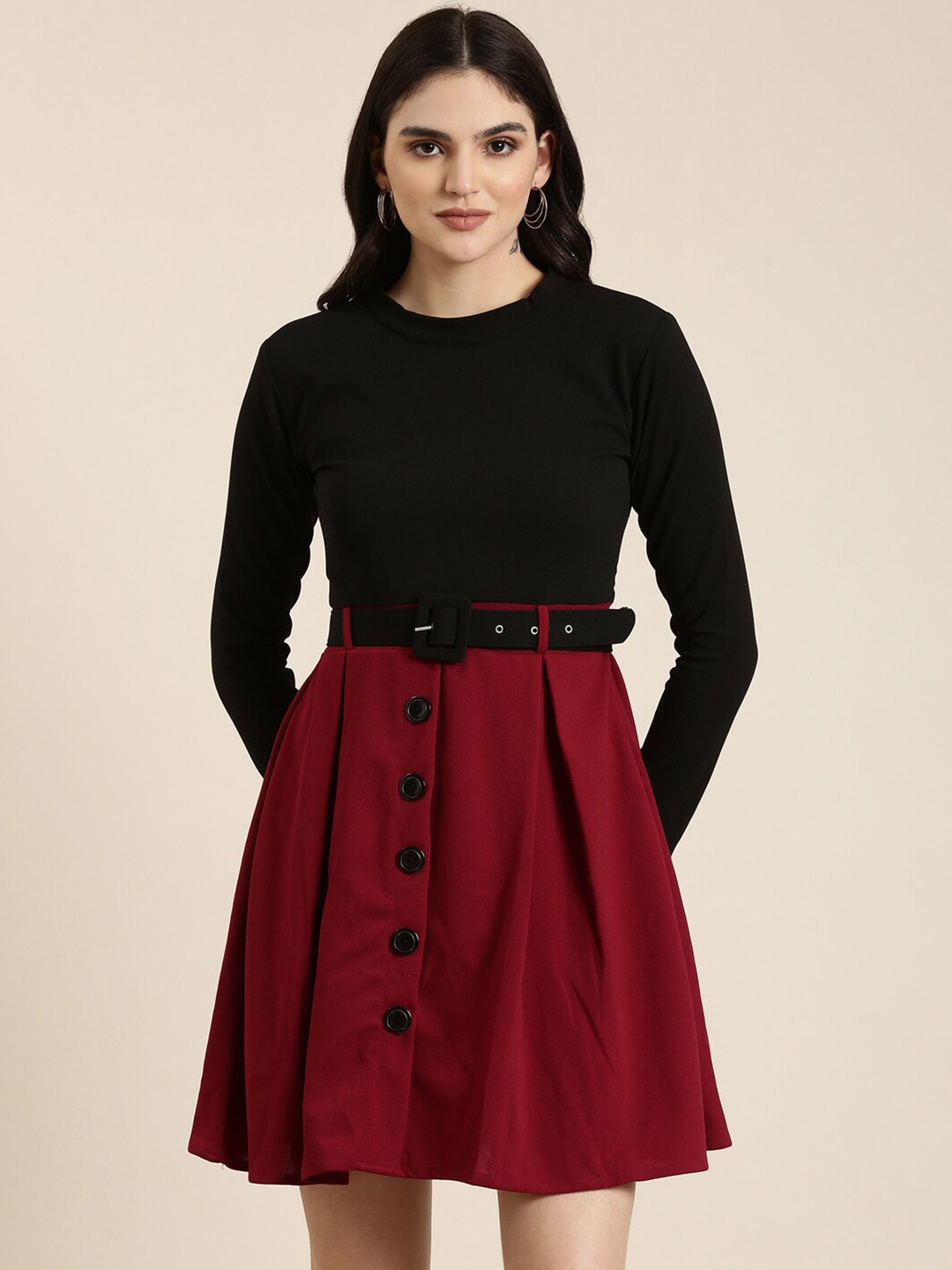 

SHOWOFF Colourblocked Long Sleeves A-Line Dress With Belt, Maroon