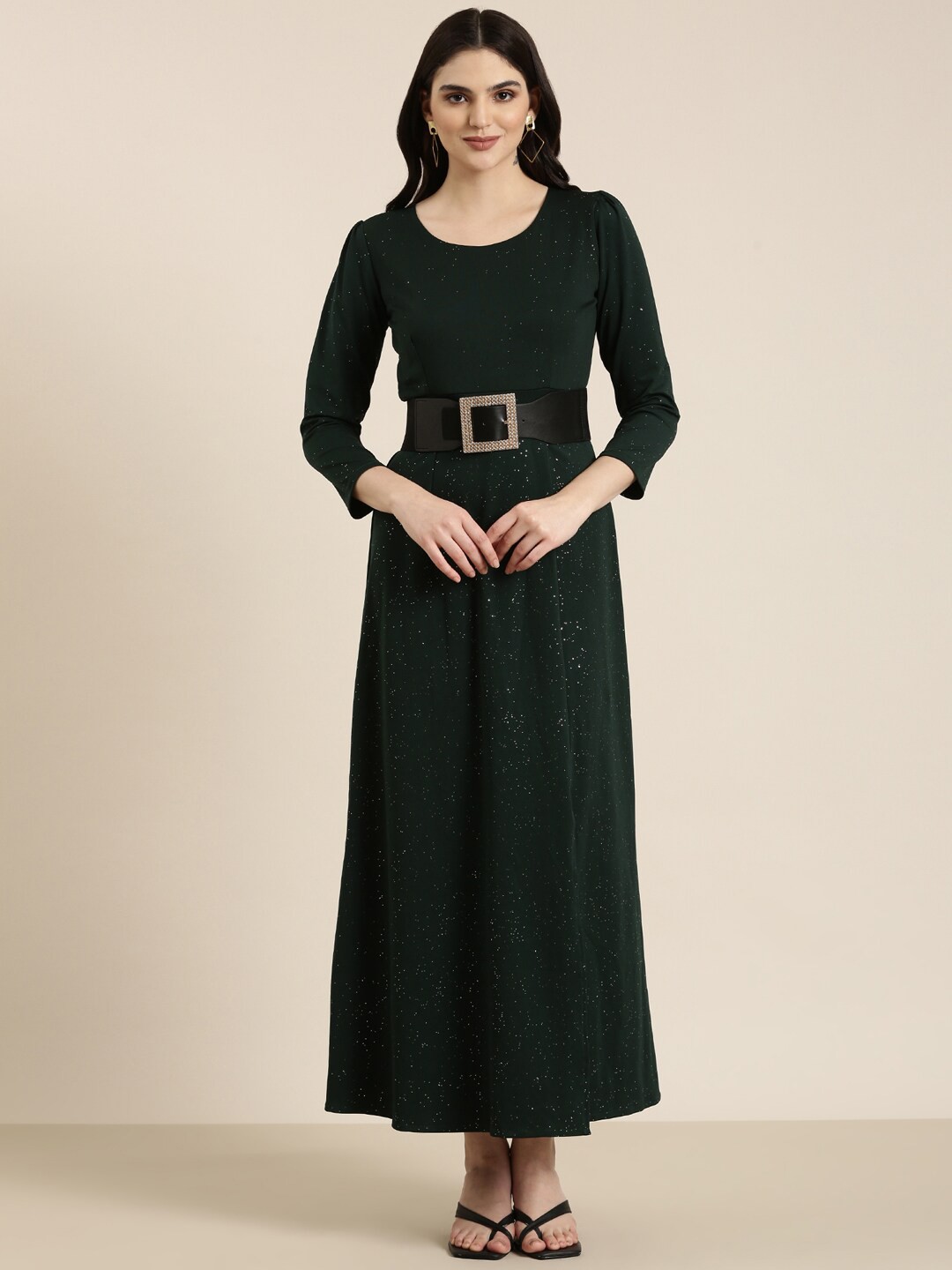 

SHOWOFF Round Neck Embellished Maxi Dress With Belt, Green