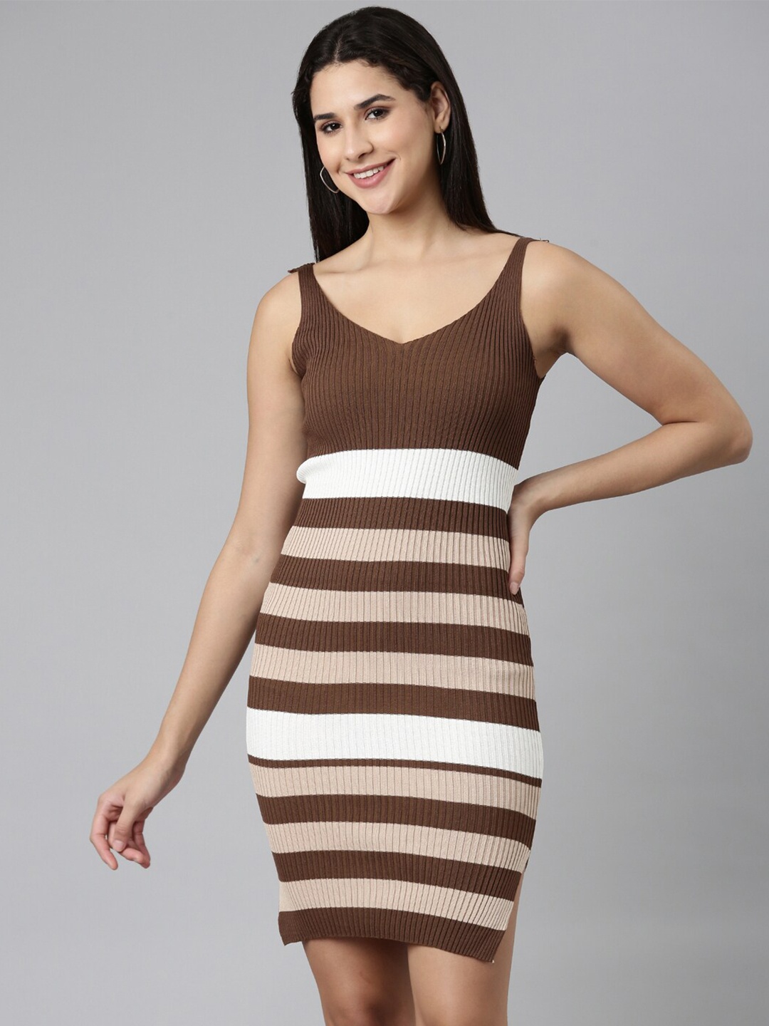 

SHOWOFF Striped Bodycon Dress, Coffee brown