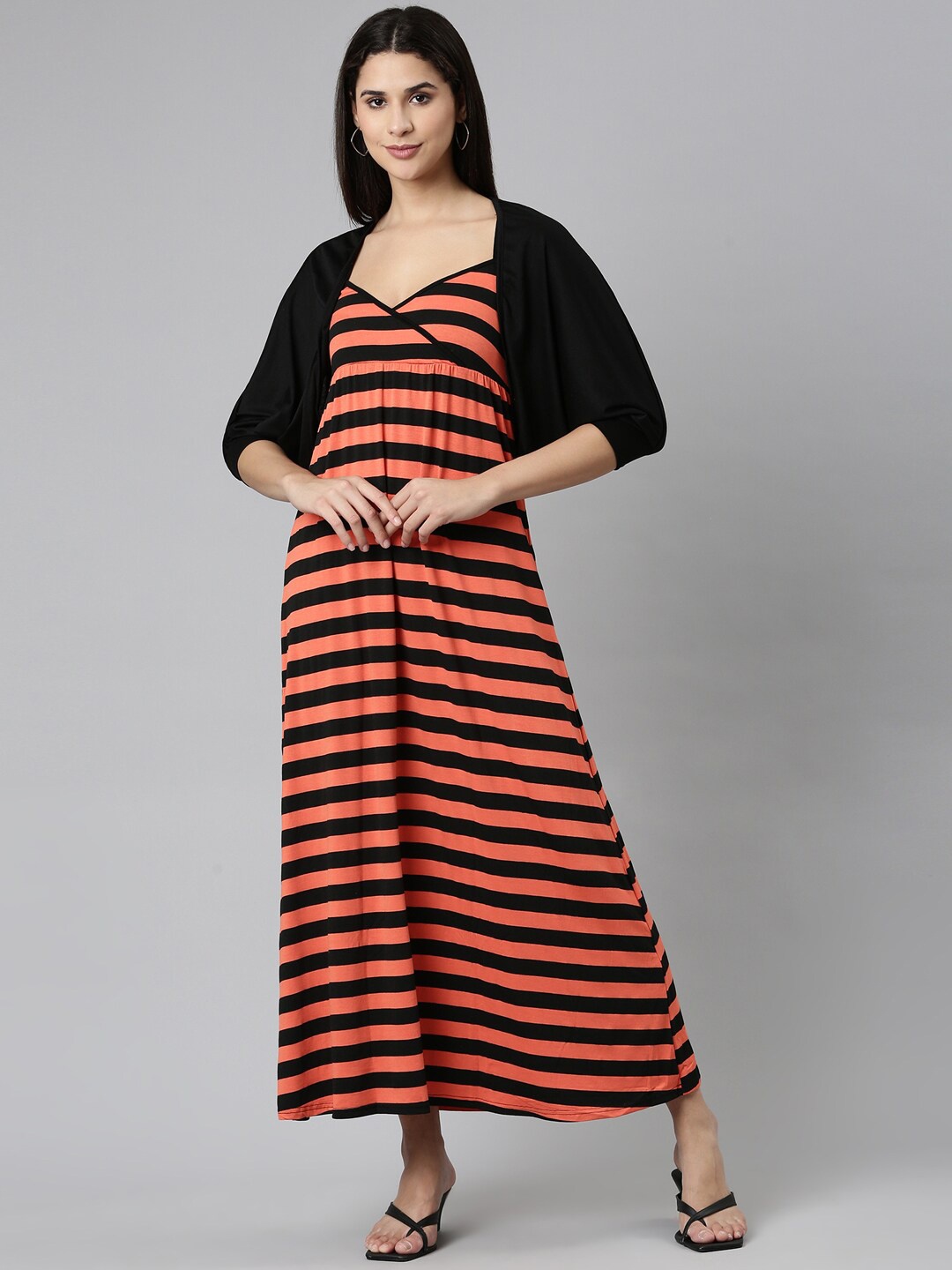 

SHOWOFF Shoulder Straps Striped Cotton Maxi Dress With Shrug, Black