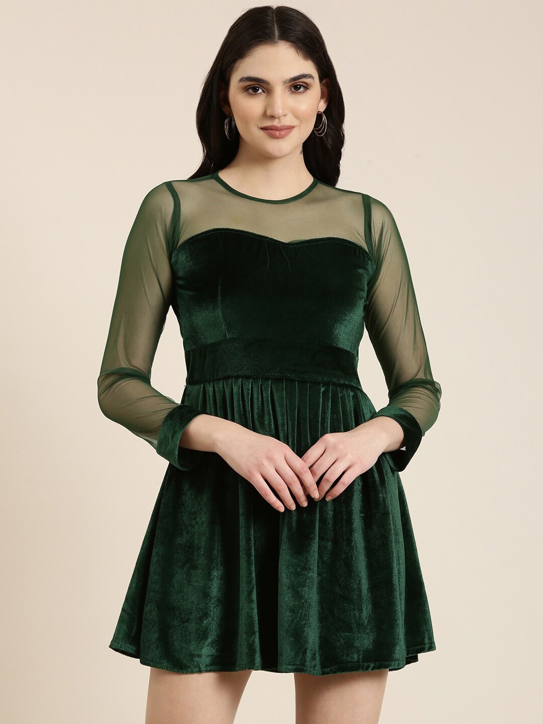 

SHOWOFF Solid Round Neck Fit & Flare Mini Dress, Green