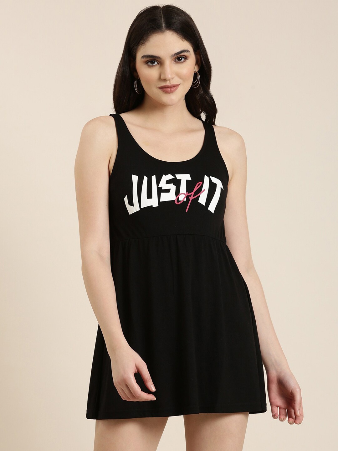 

SHOWOFF Typography Printed Sleeveless Cotton A-Line Dress, Black