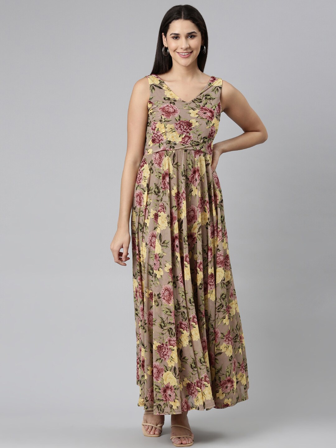 

SHOWOFF Floral Printed Smocked Fit & Flare Maxi Dress, Taupe