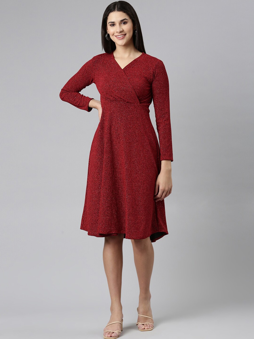 

SHOWOFF Self Design Sheen Bling & Sparkly Fit & Flare Dress, Maroon