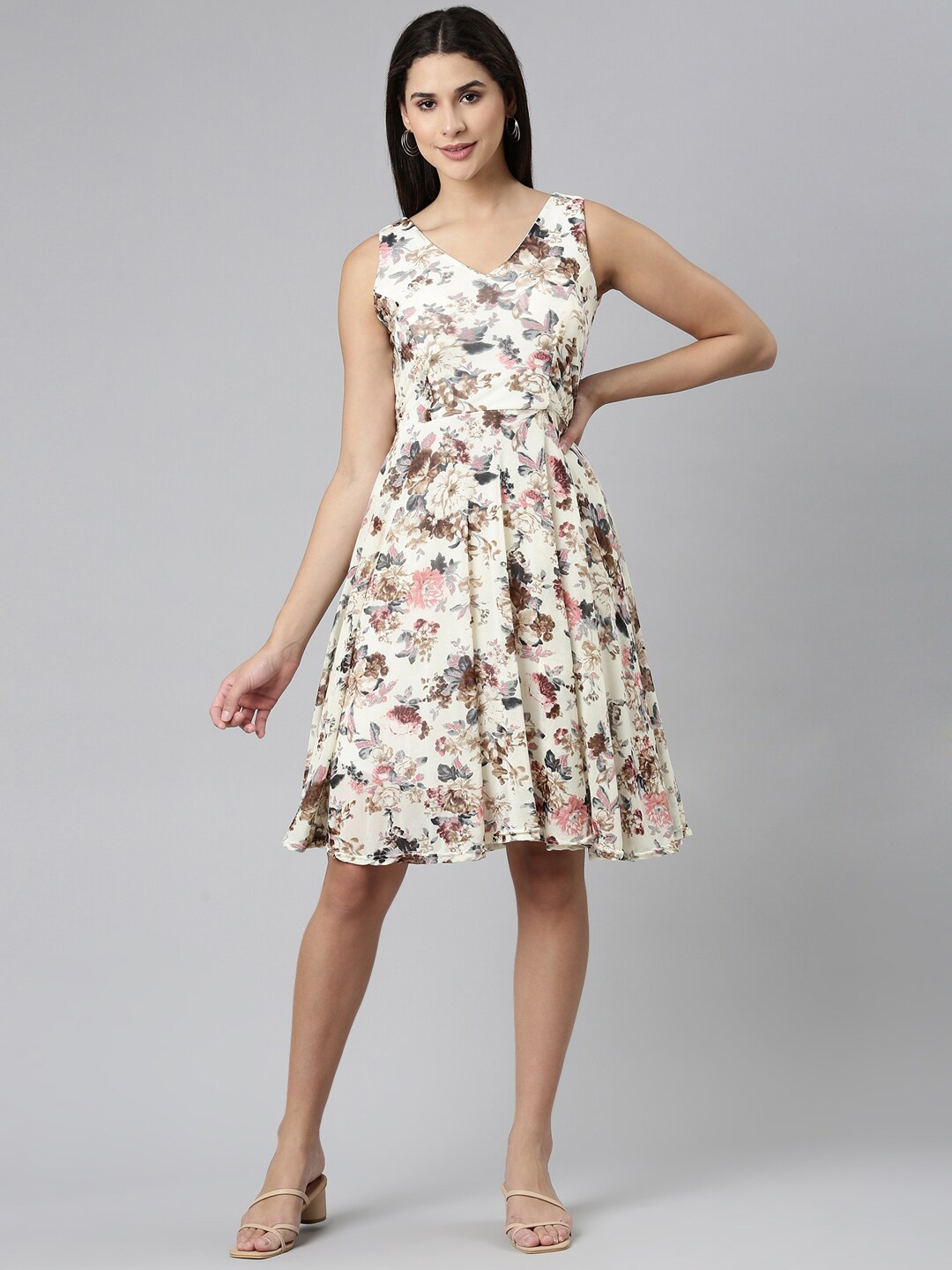 

SHOWOFF Floral Printed V-Neck Velvet Fit & Flare Dress, Cream