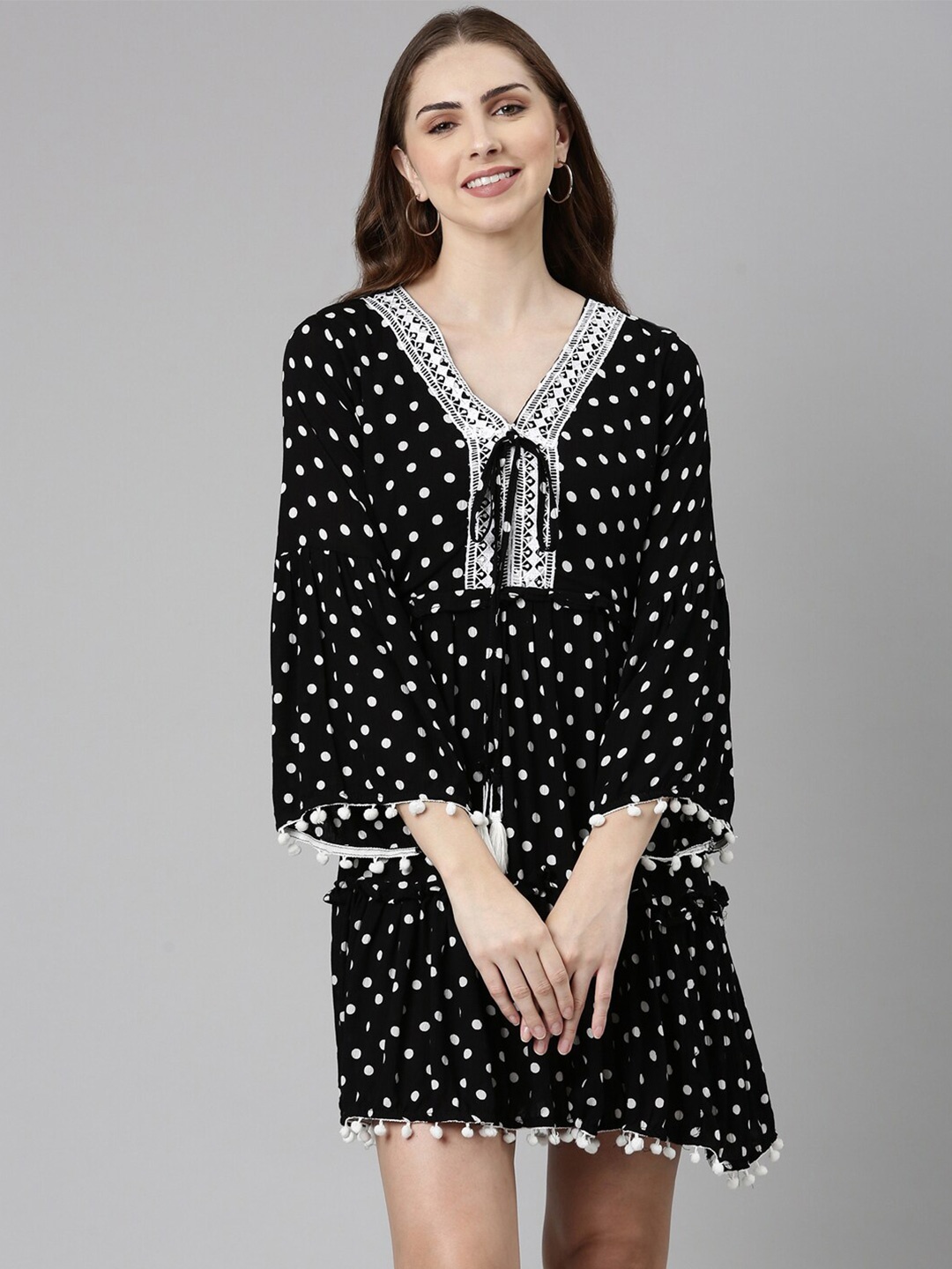 

SHOWOFF Cotton Polka Dots Printed A-Line Dress, Black