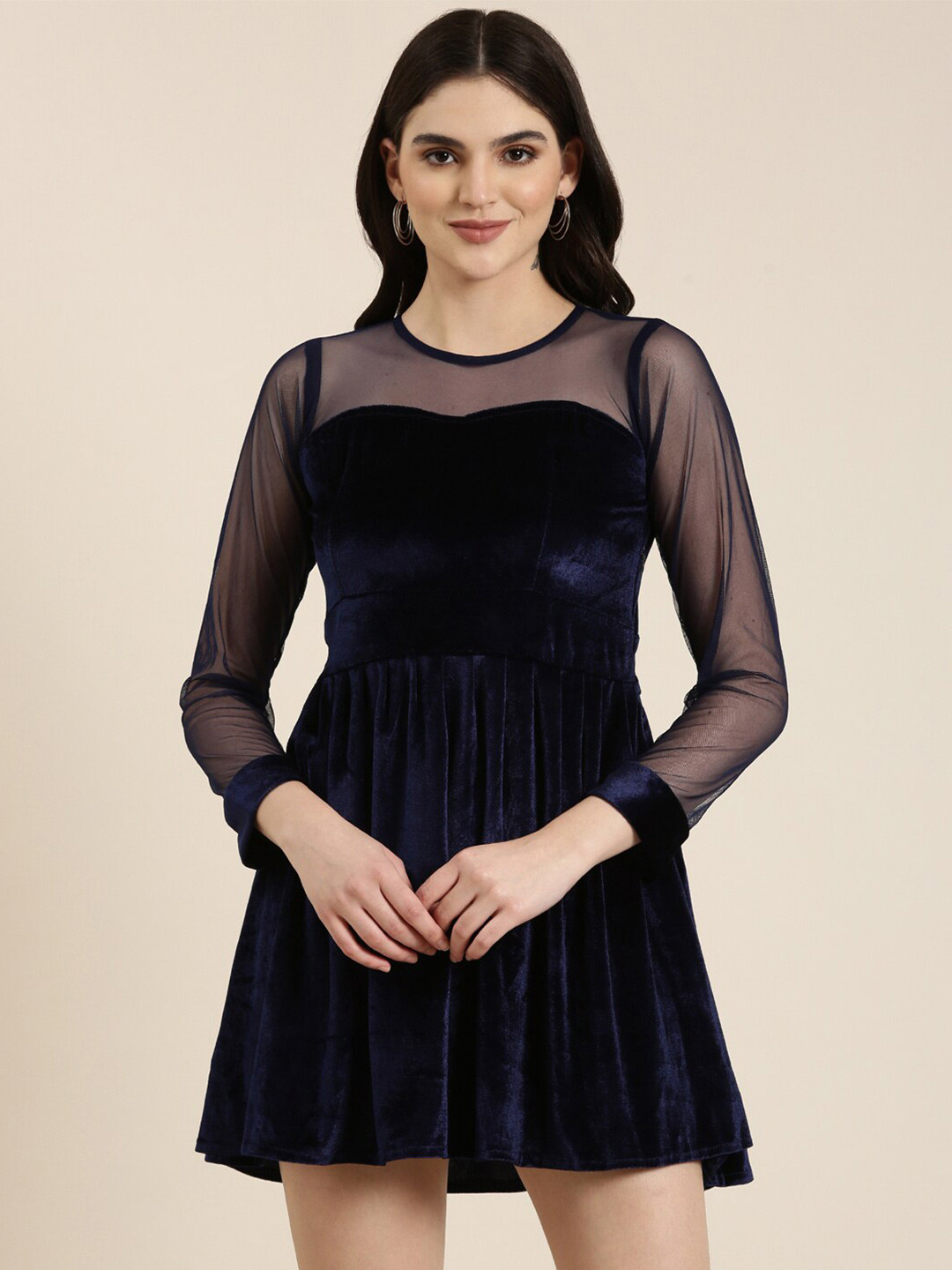 

SHOWOFF Round Neck Velvet A-Line Dress, Navy blue