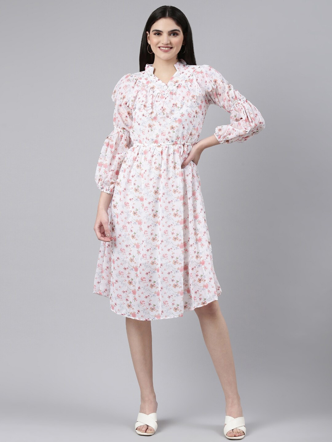 

SHOWOFF Floral Print Mandarin Collar Ruffled Fit & Flare Dress, White