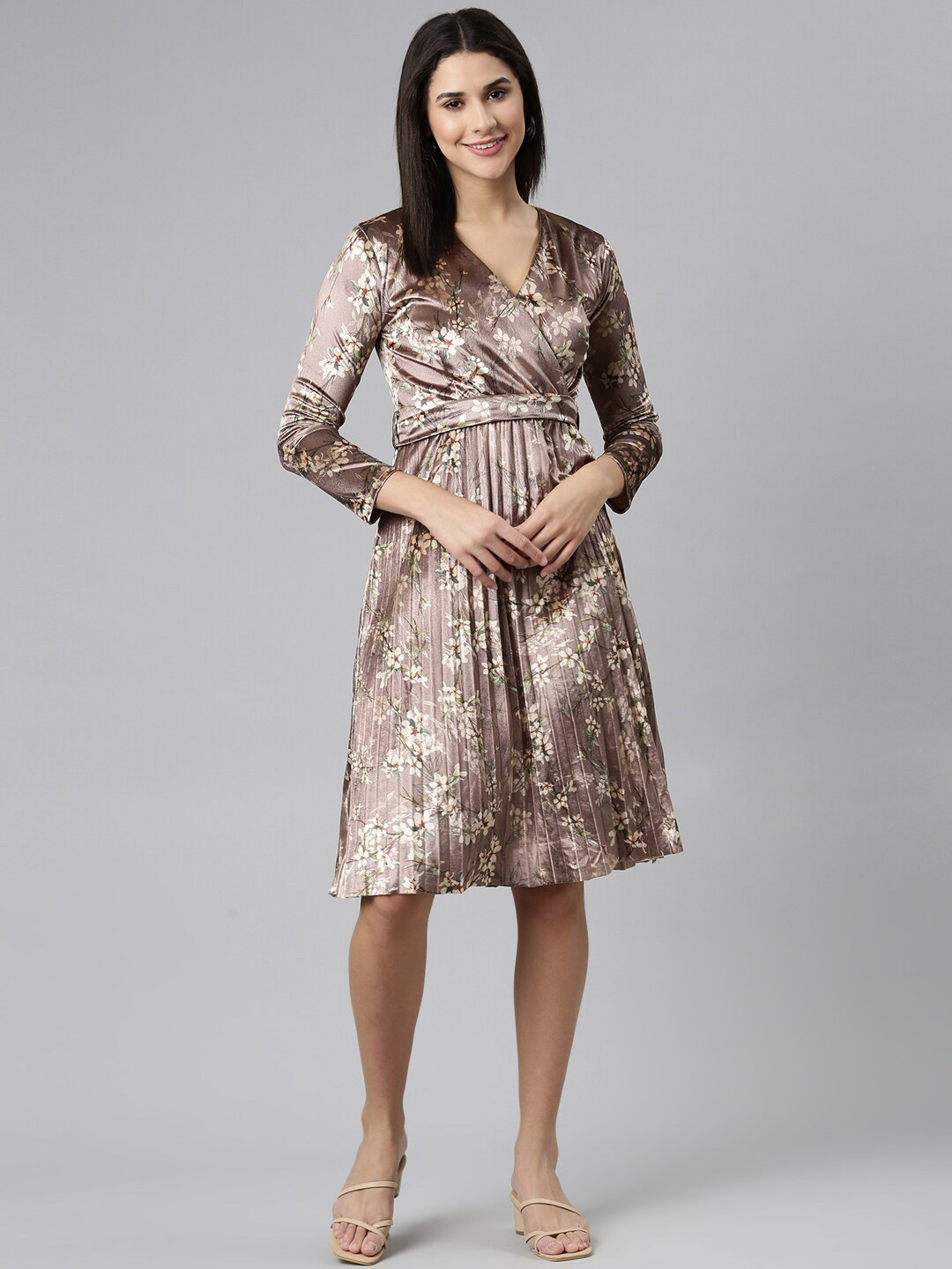 

SHOWOFF Floral Printed Velvet Wrap Dress, Taupe
