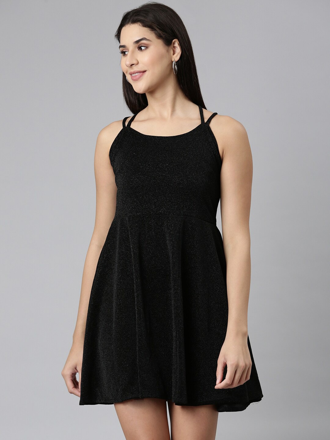 

SHOWOFF Solid Self Designed Shoulder Strap A-Line Dress, Black