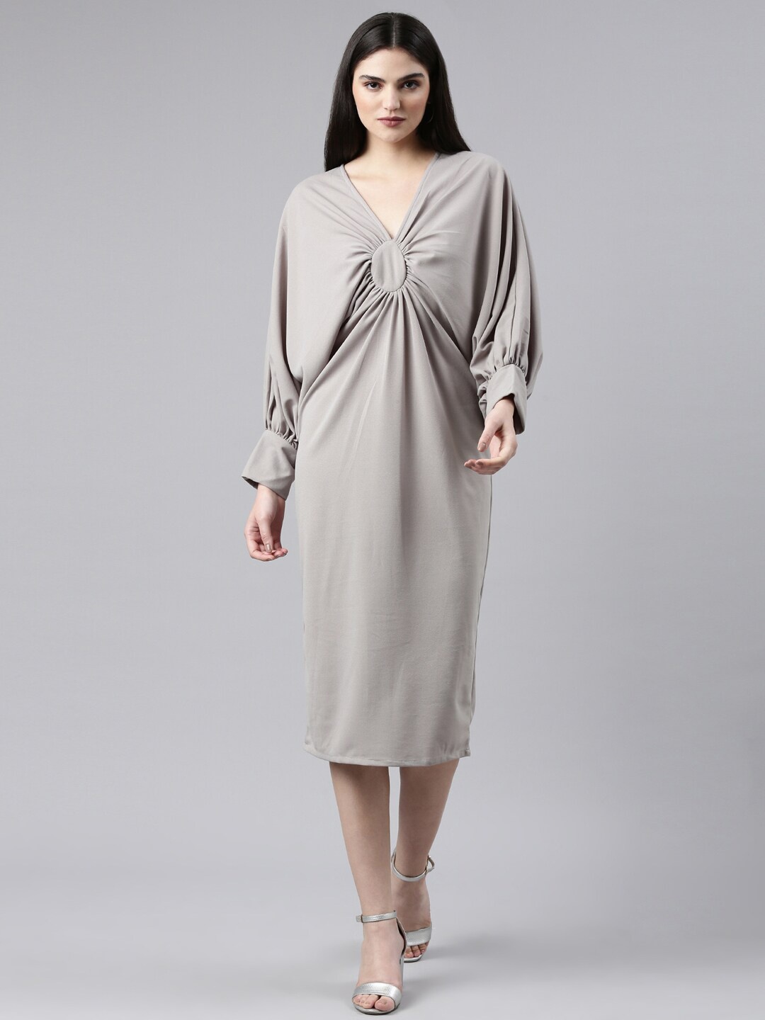 

SHOWOFF Cuffed Sleeves Gathered Details Sheath Dress, Grey