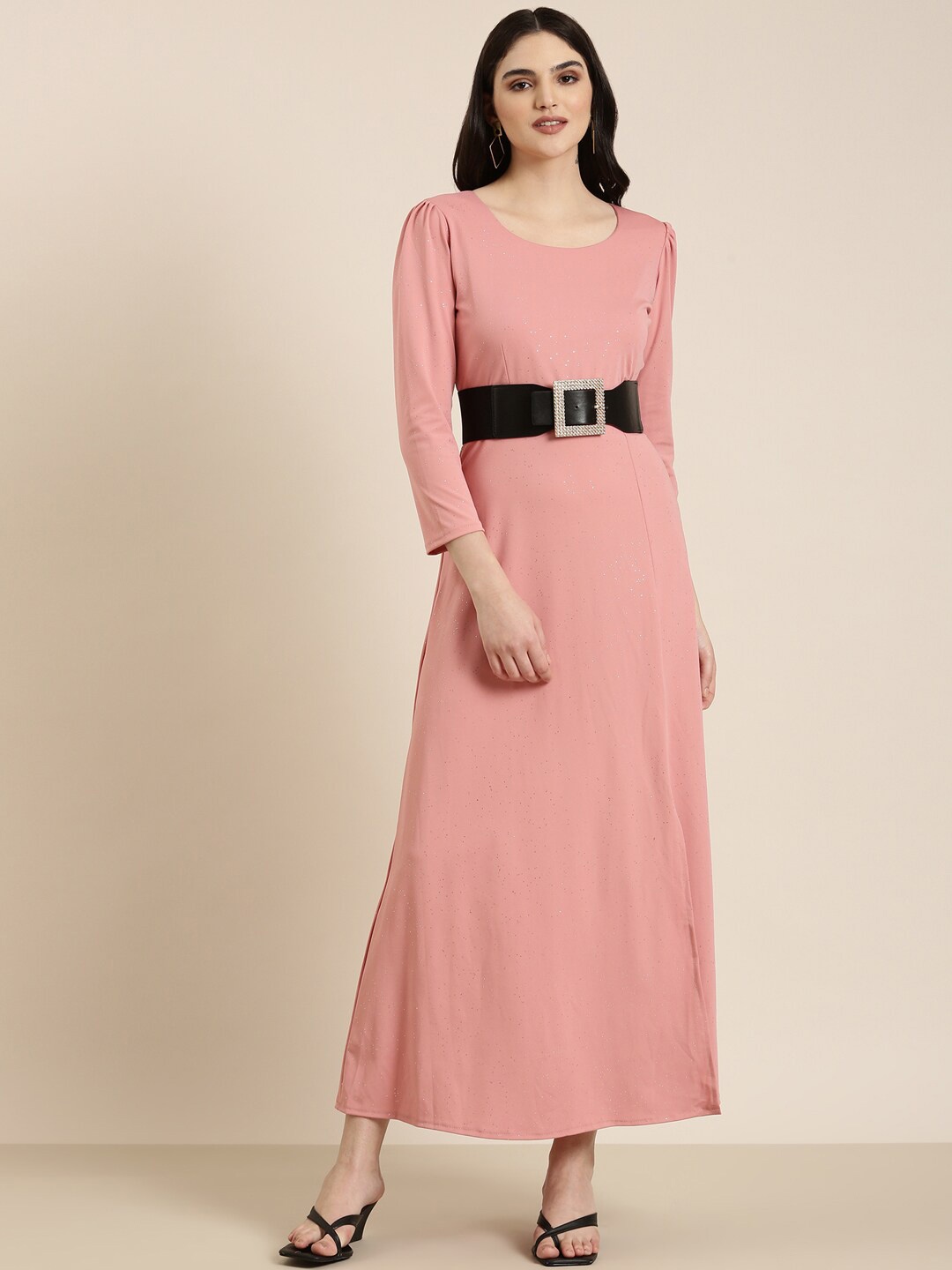 

SHOWOFF Solid Puff Sleeves Belted Casual A-Line Dress, Pink