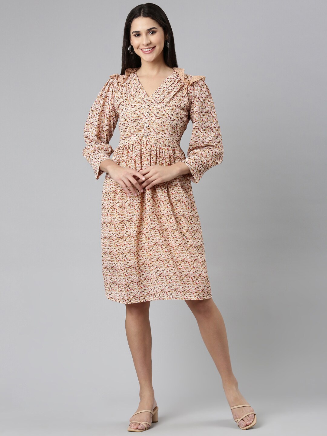 

SHOWOFF Geometric Printed A-Line Dress, Khaki