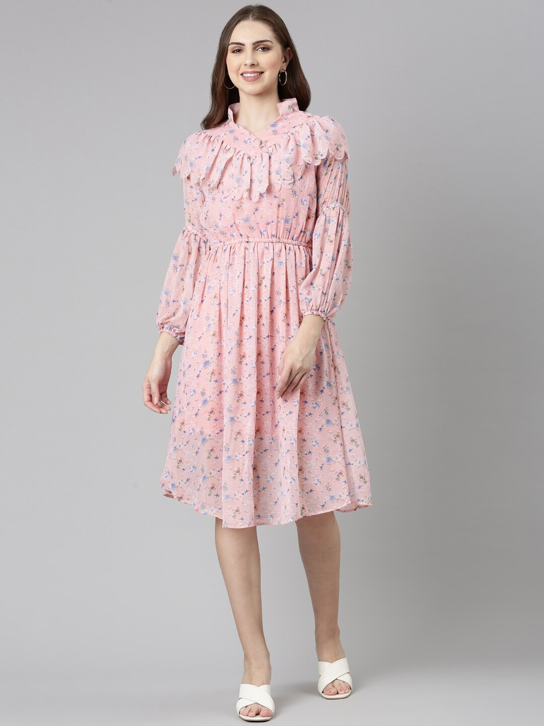 

SHOWOFF Floral Print Mandarin Collar Ruffled Fit & Flare Dress, Peach