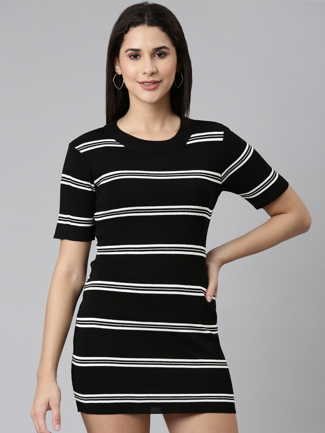 

SHOWOFF Striped Round Neck T-shirt Dress, Black