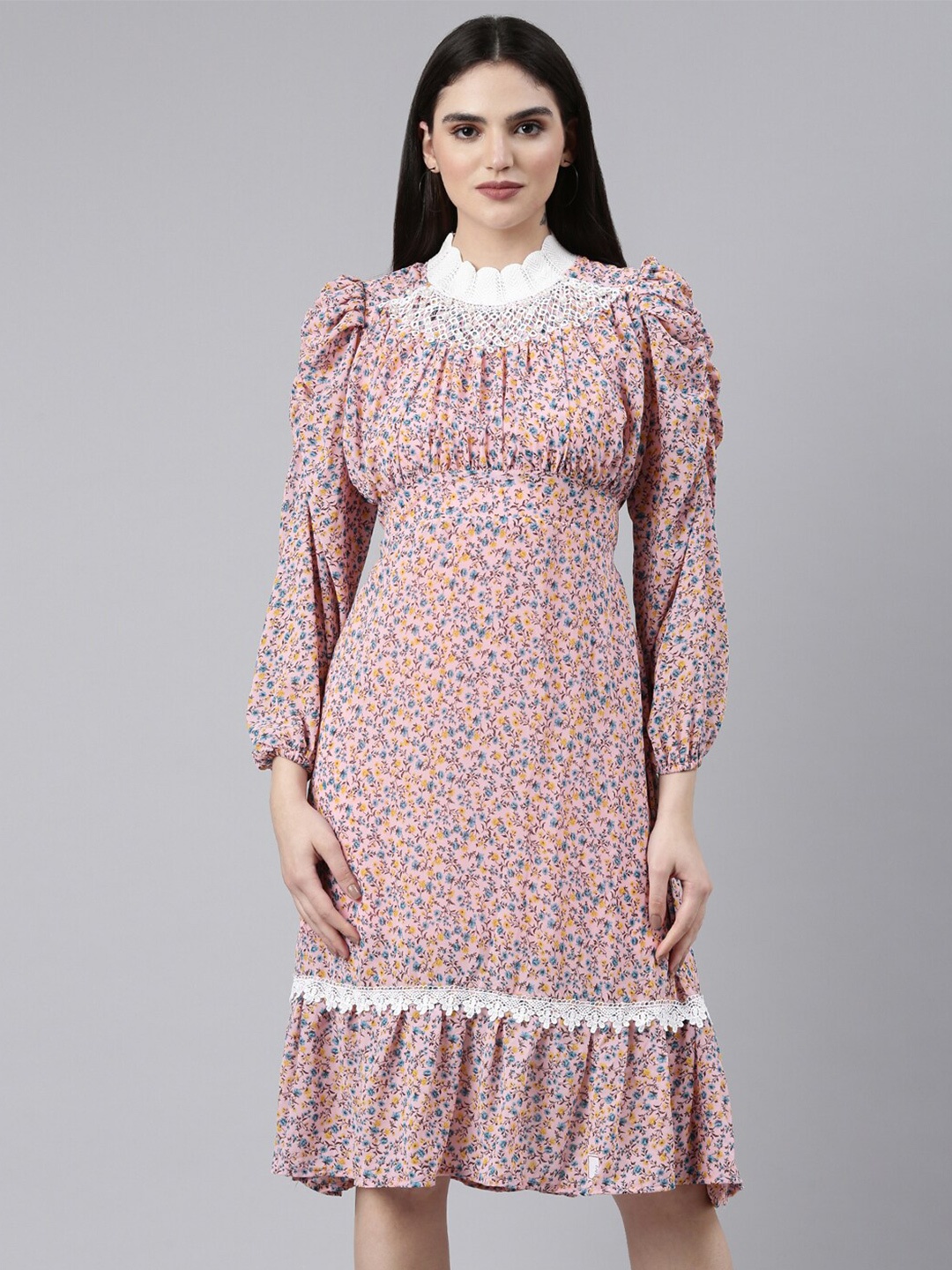 

SHOWOFF Floral Printed High Neck Puff Sleeves Fit & Flare Dress, Pink