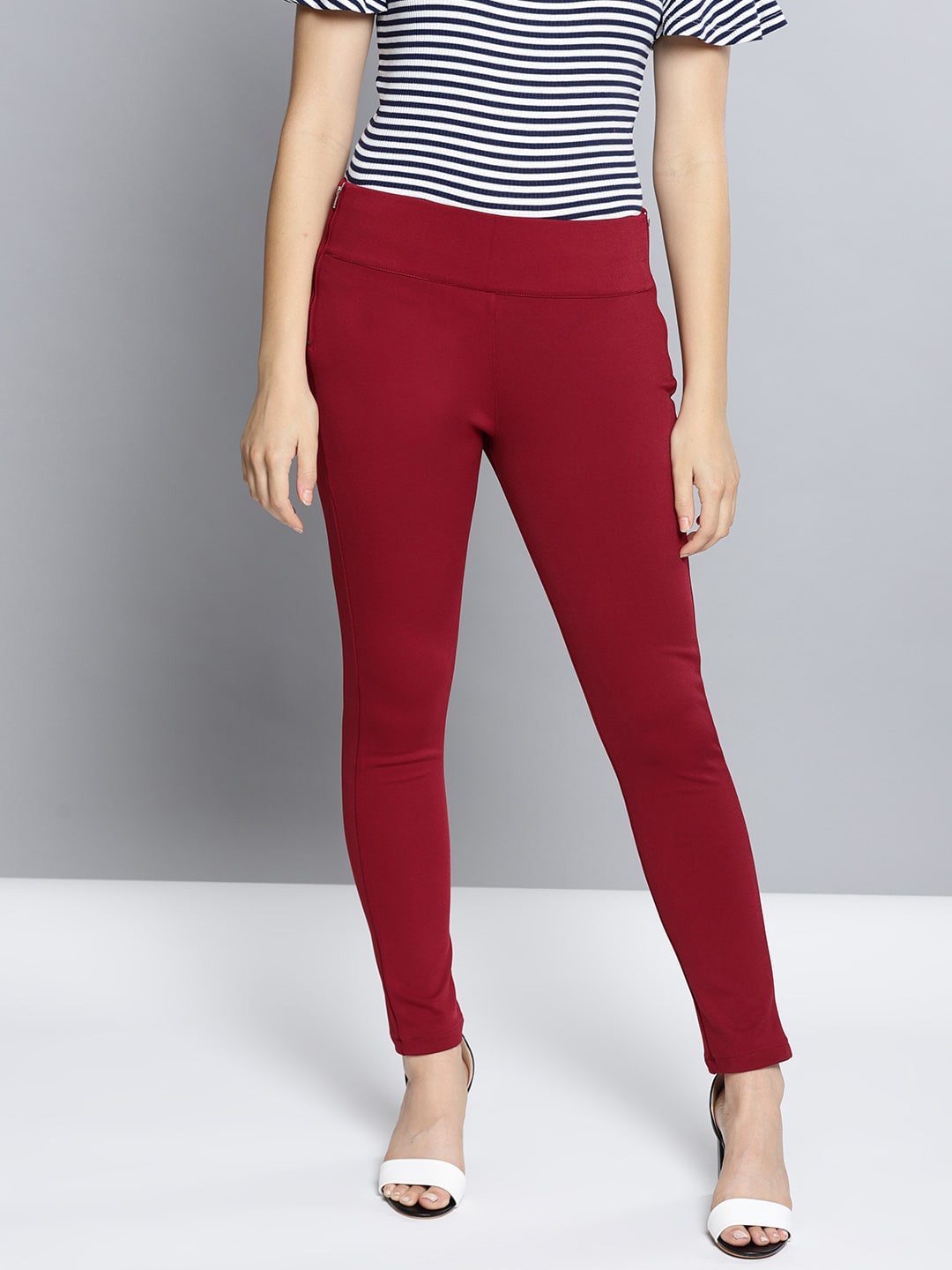 

Mast & Harbour Women Maroon Mid Rise Woven Jeggings
