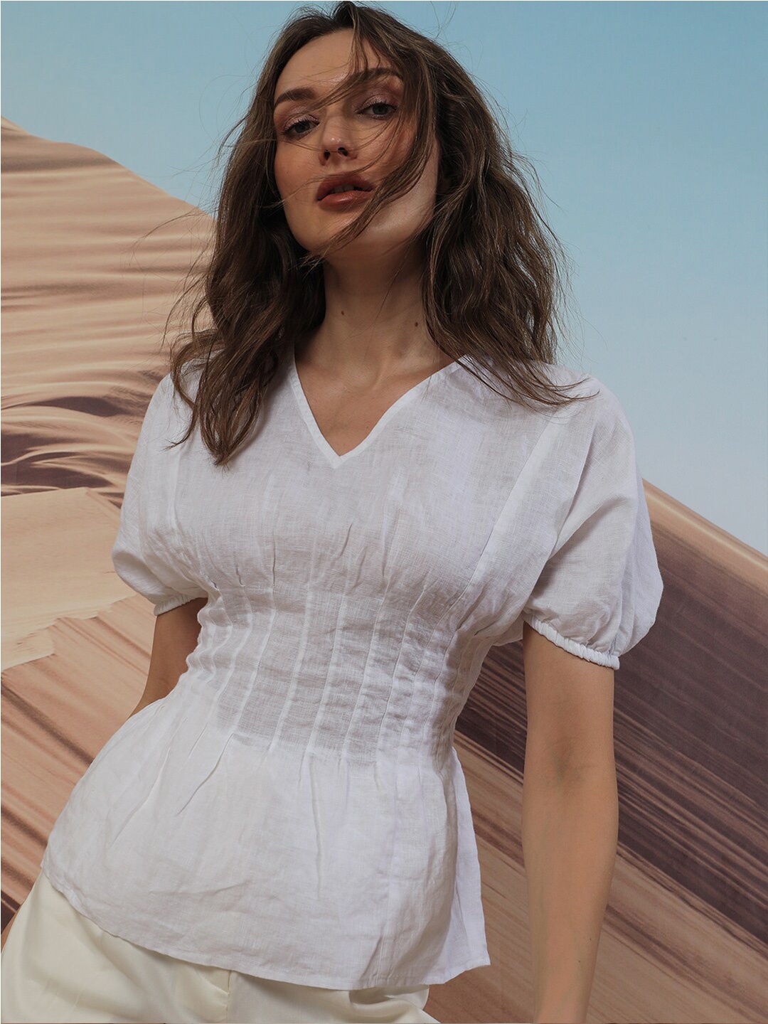 

RAREISM V-Neck Extended Sleeves Smocking Linen Empire Top, White