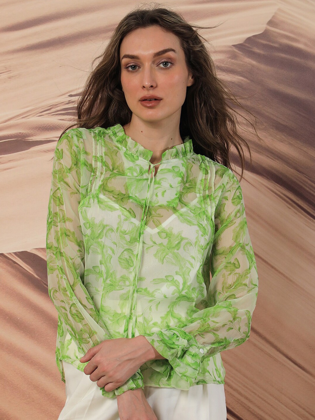 

RAREISM Printed Sheer Regular Top, Green