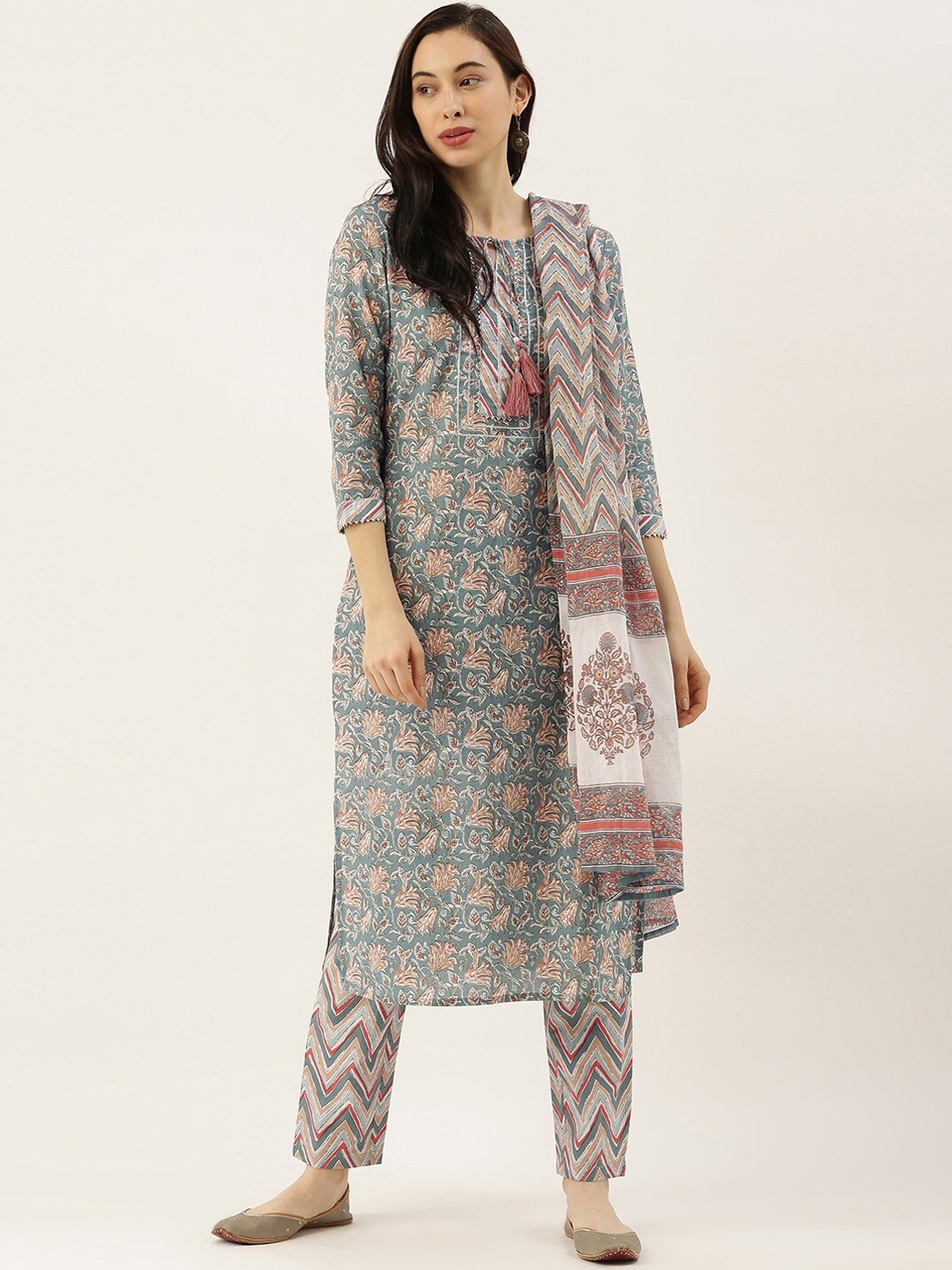 

Saanjh Green Ethnic Motifs Printed Pure Cotton Kurta With Trousers & With Dupatta