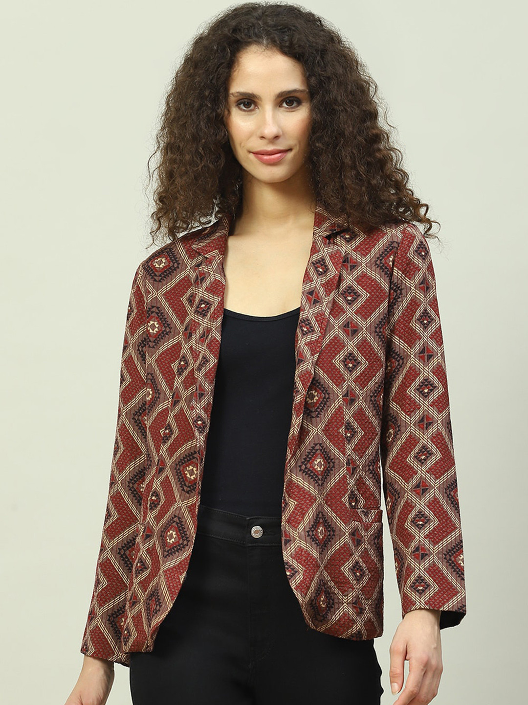 

Biba Geometric Printed Lapel Collar Tailored Jacket, Black