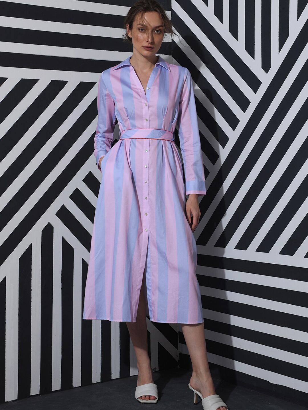 

RAREISM Striped Cotton Shirt Midi Dress, Pink