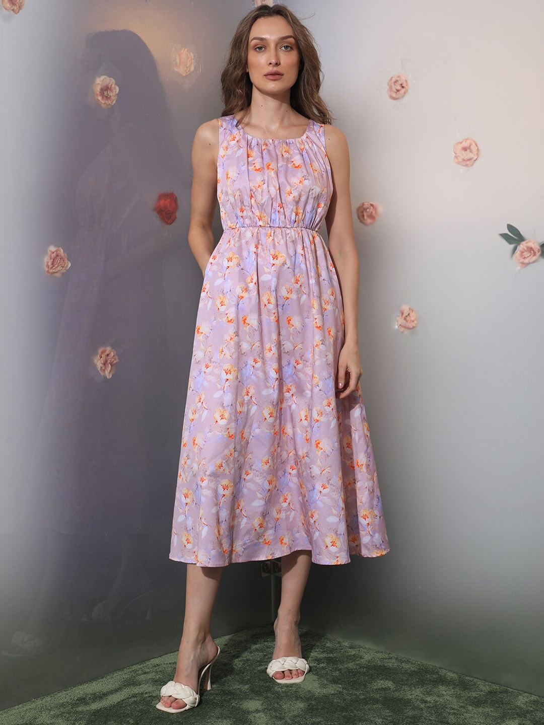 

RAREISM Floral Printed Cotton Fit & Flare Midi Dress, Purple
