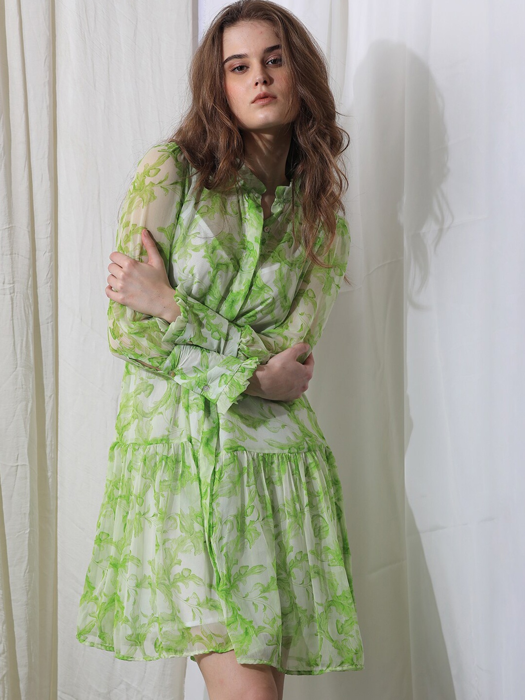 

RAREISM Abstract Print Puff Sleeve Drop-Waist Dress, Green