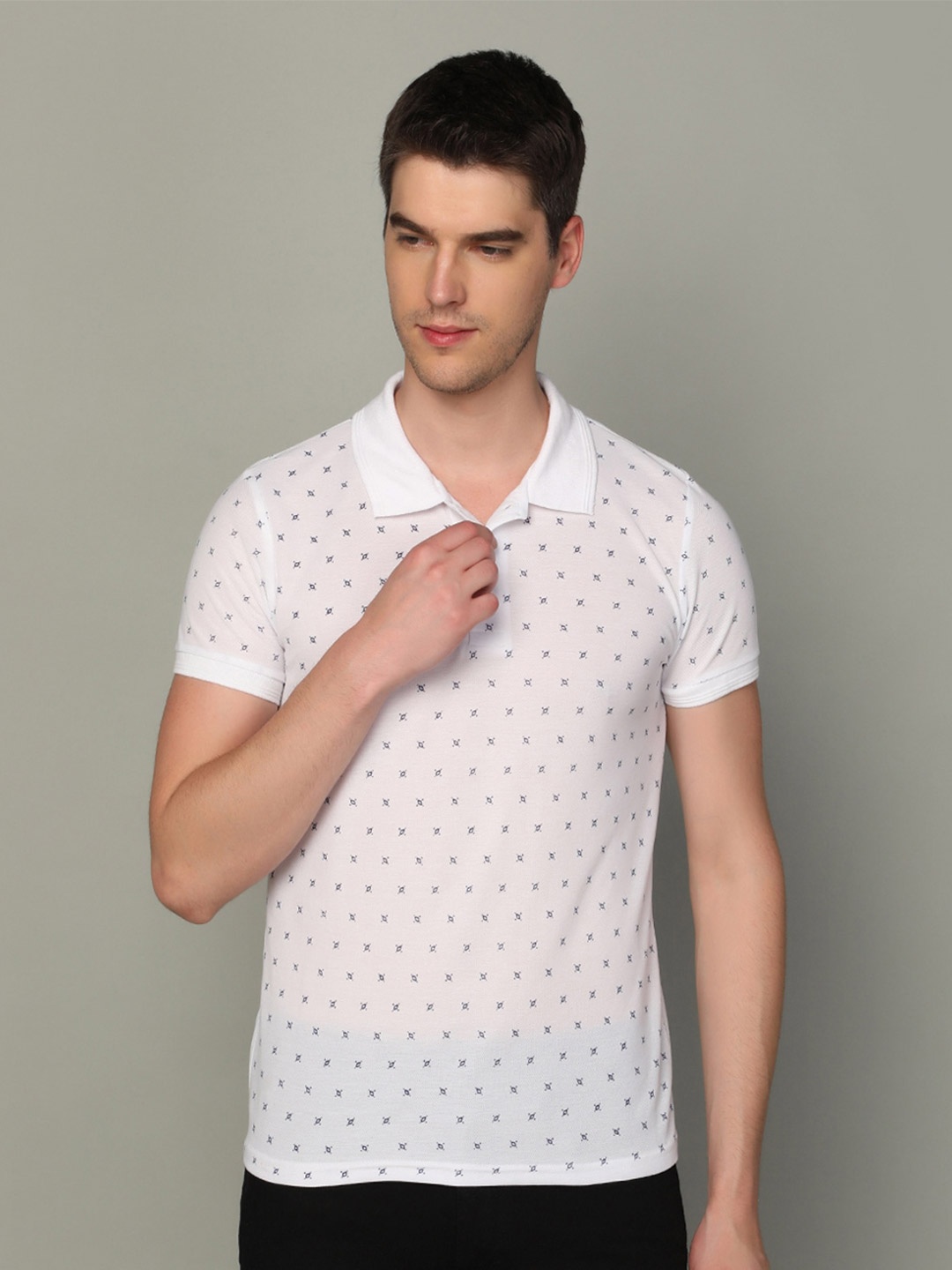 

INKKR Micro Ditsy Printed Polo Collar Cotton T-shirt, White