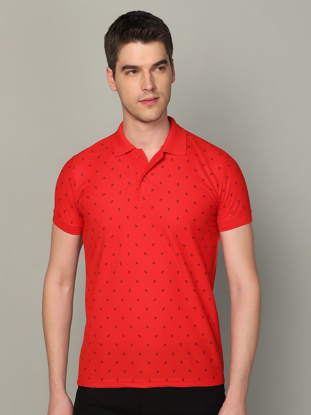 

INKKR Micro Ditsy Printed Polo Collar Cotton T-Shirt, Red