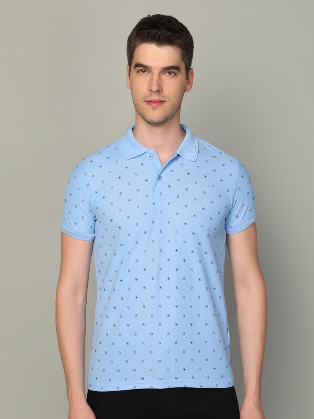 

INKKR Plus Size Micro Ditsy Printed Polo Collar Cotton T-shirt, Blue