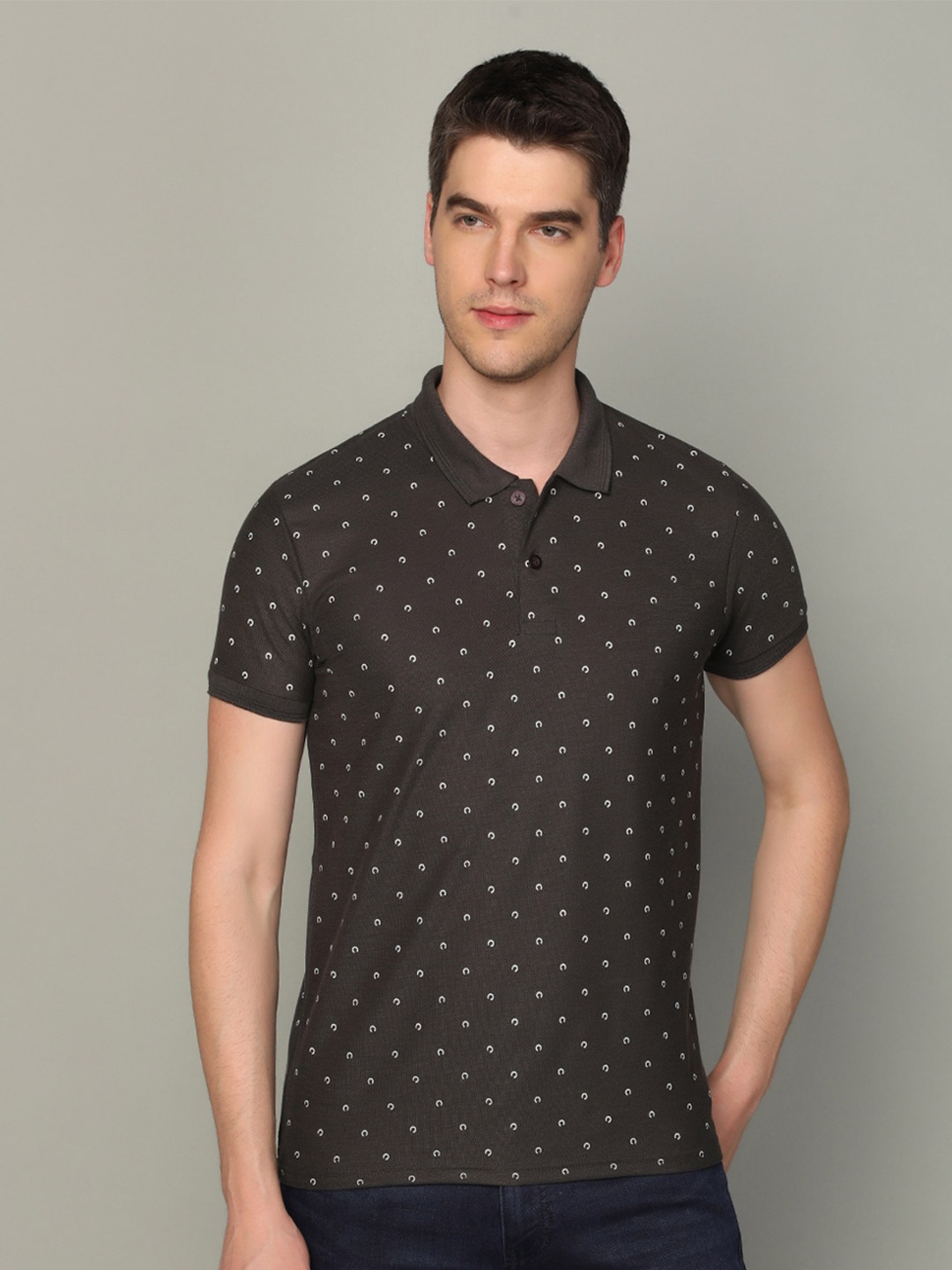 

INKKR Plus Size Micro Dity Printed Polo Collar Cotton T-shirt, Olive