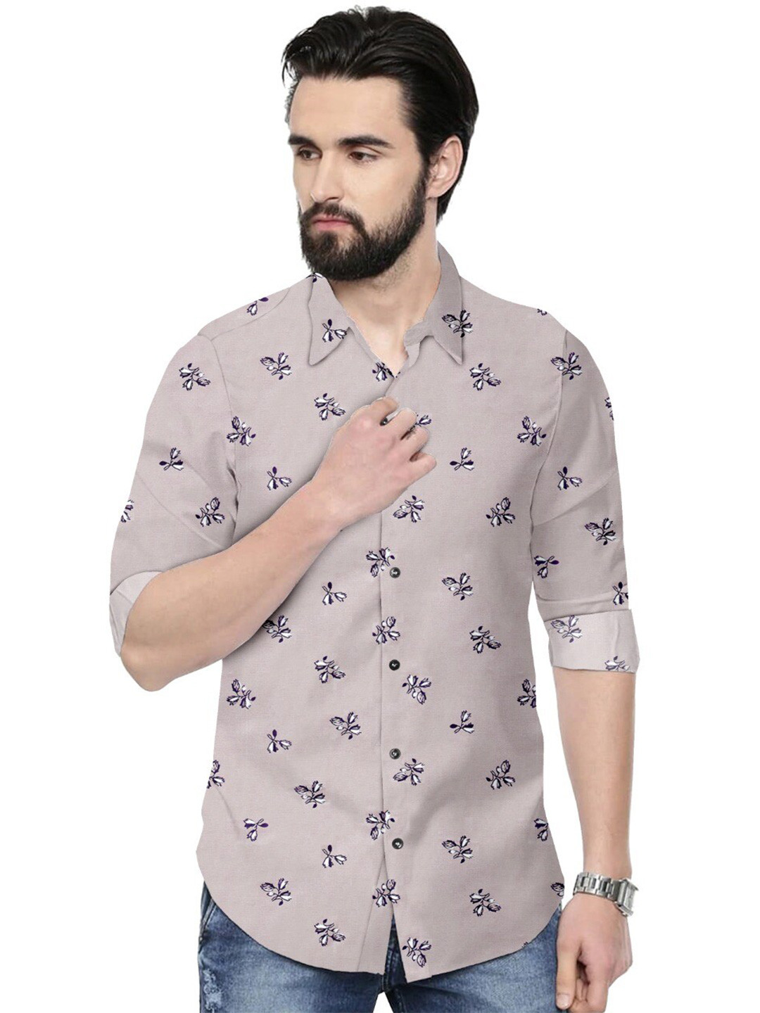 

ETHNIC TRENDZ Floral Printed Standard Twill Pure Cotton Shirt, Grey