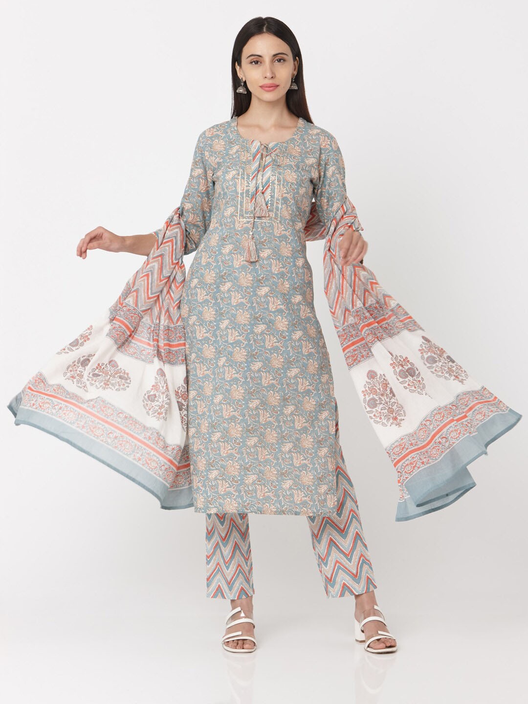 

KALINI Floral Printed Regular Pure Cotton Kurta With Trousers & Dupatta, Green