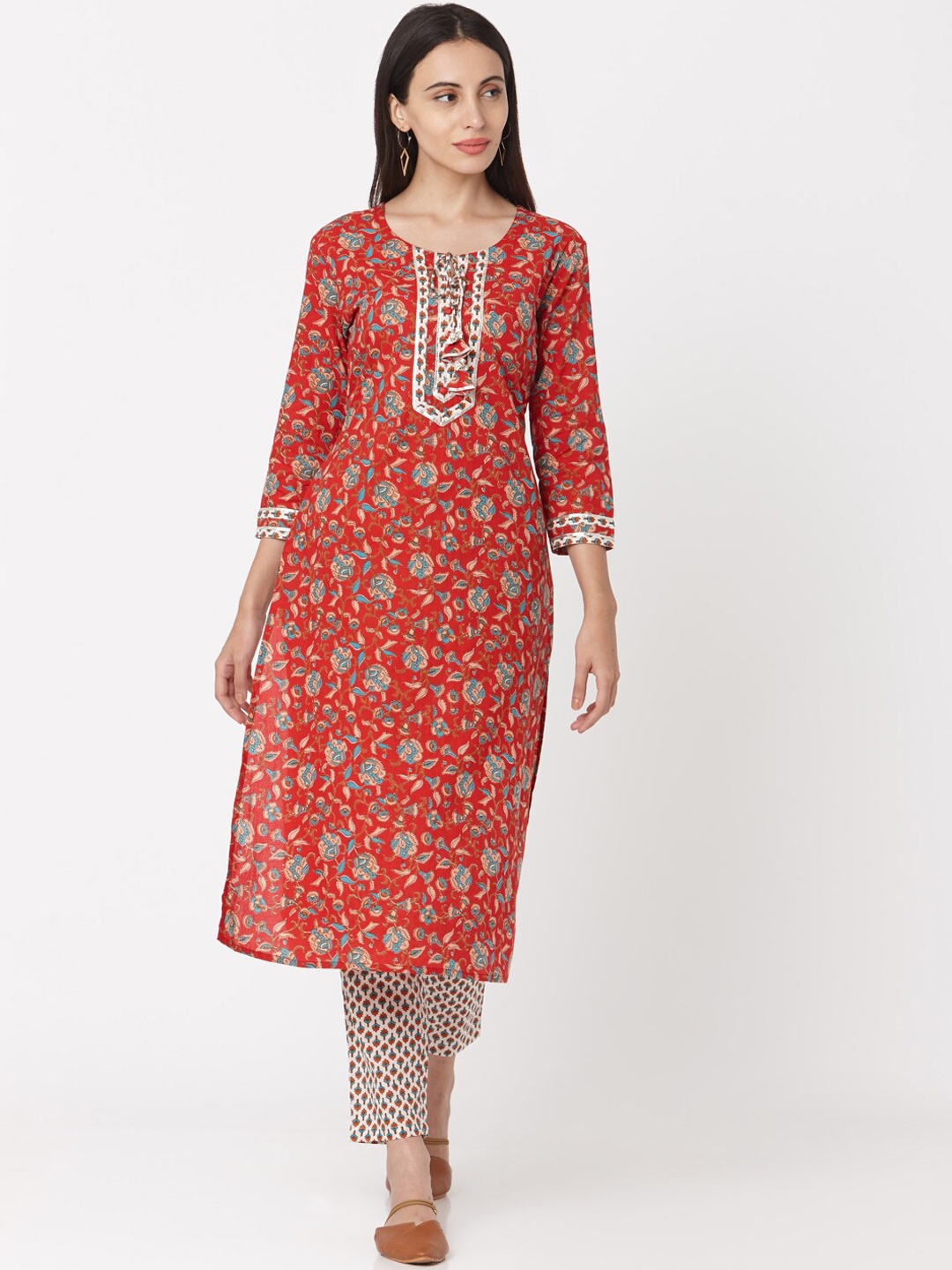 

Saanjh Red Floral Printed Regular Pure Cotton Kurta With Trousers & Dupatta