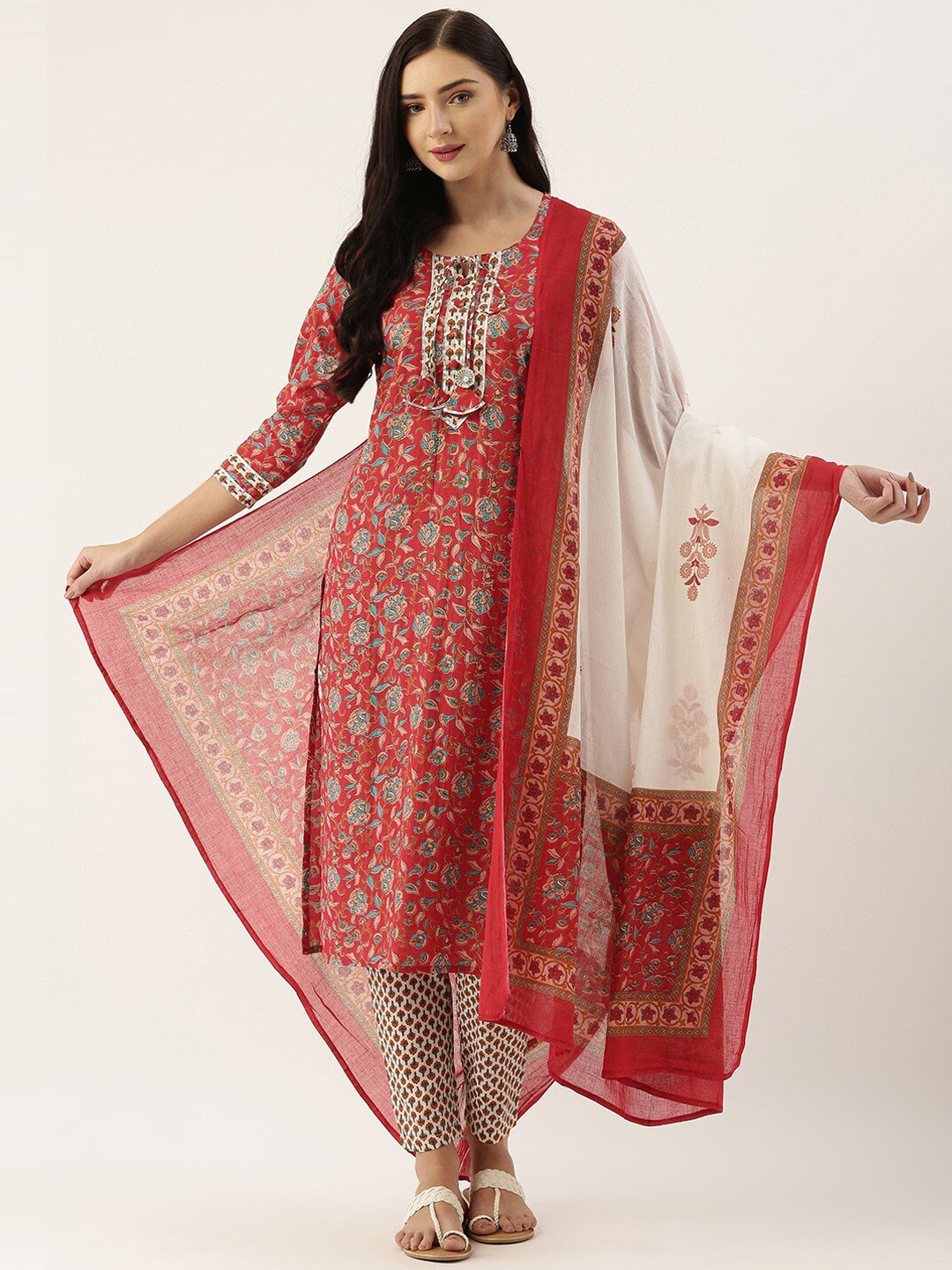 

Saanjh Red & White Ethnic Motifs Printed Pure Cotton Kurta With Trousers & With Dupatta