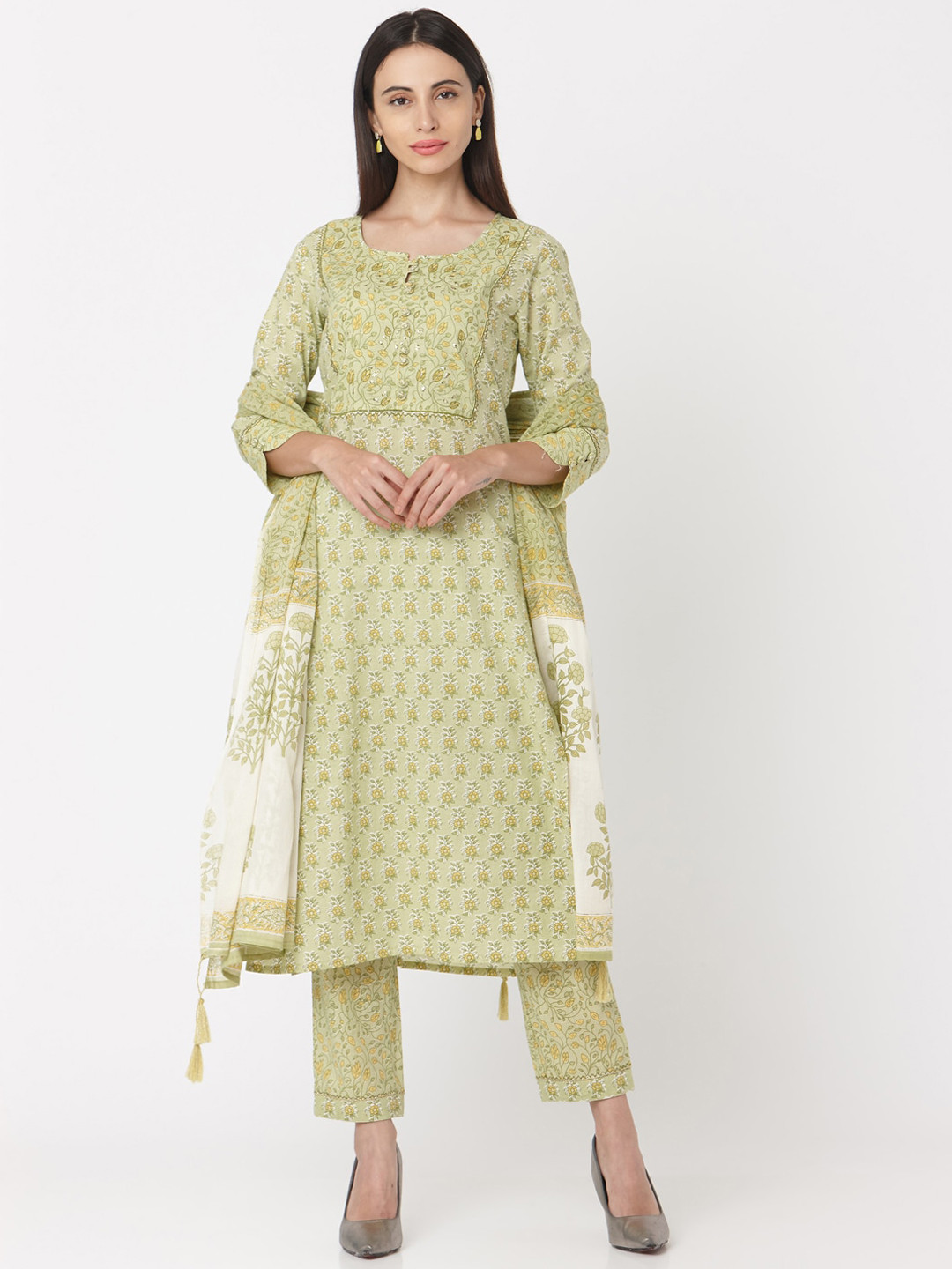 

KALINI Floral Printed Pure Cotton Kurta with Trousers & With Dupatta, Green