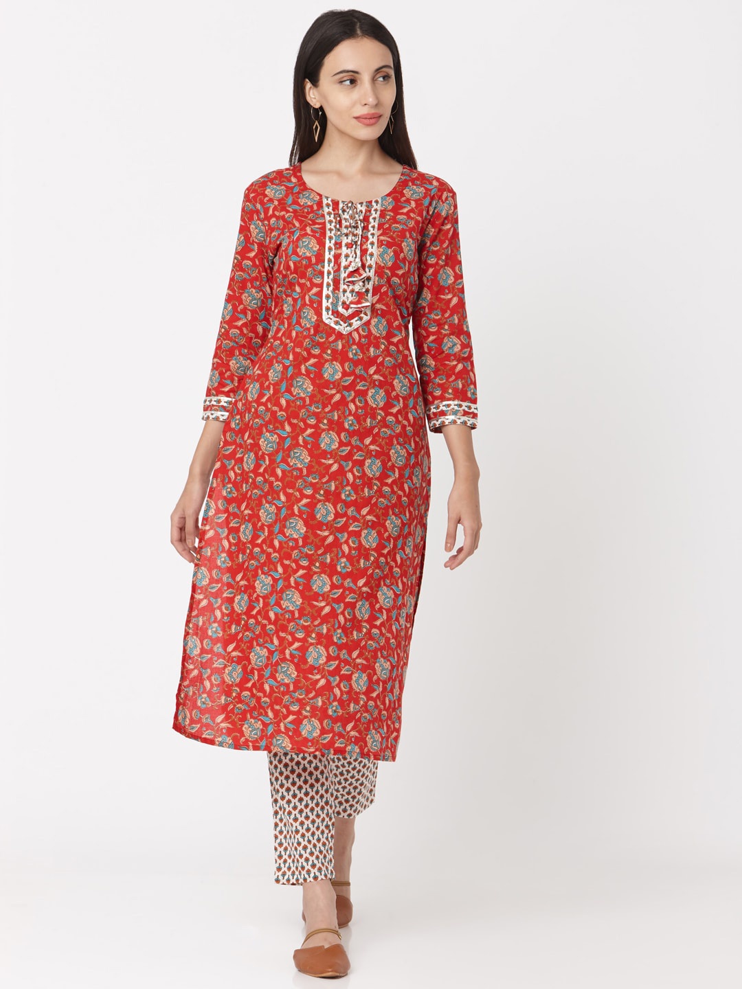 

KALINI Floral Printed Pure Cotton Kurta with Trousers & With Dupatta, Red