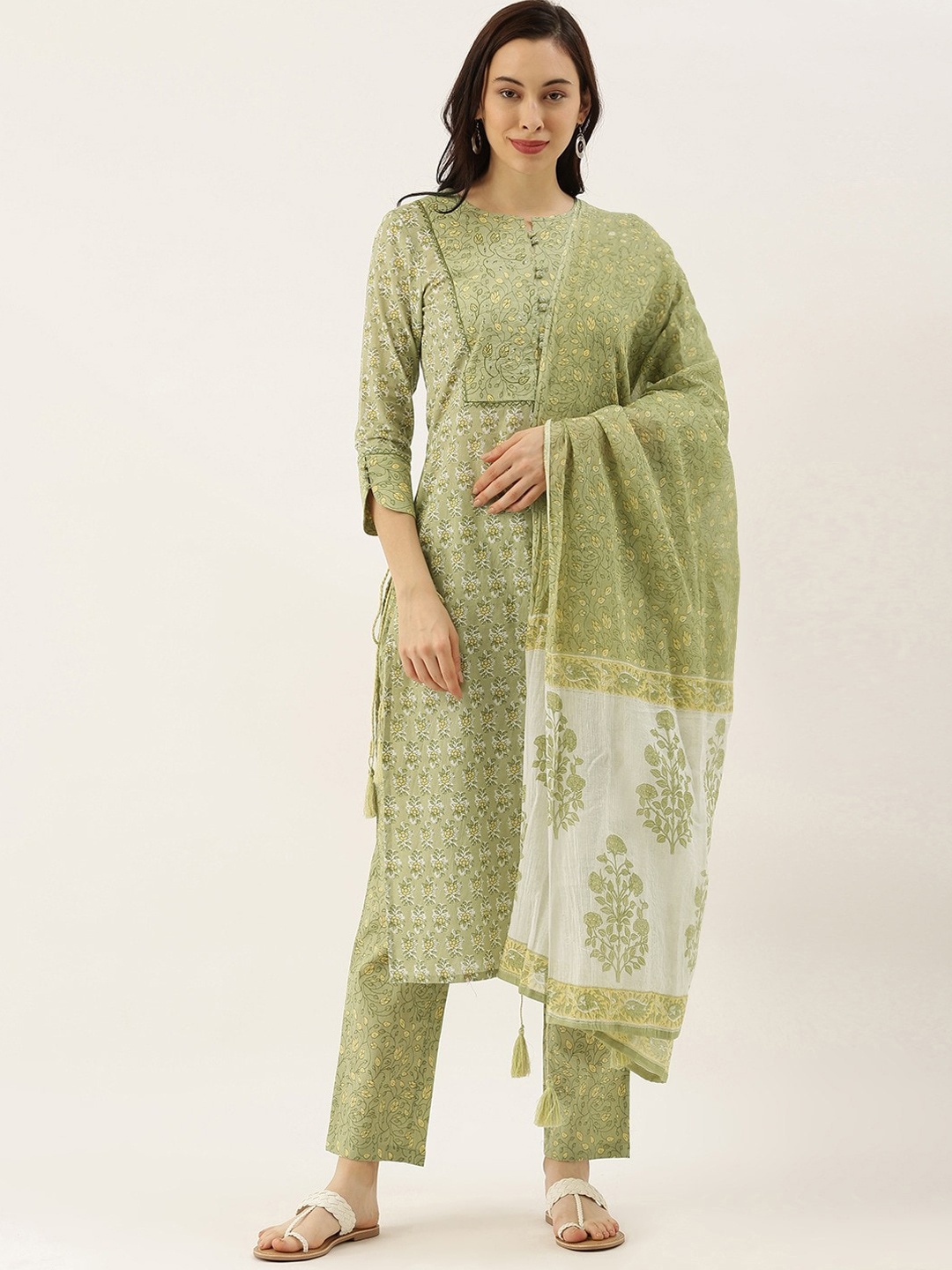 

KALINI Floral Printed Pure Cotton Kurta with Trousers & With Dupatta, Green