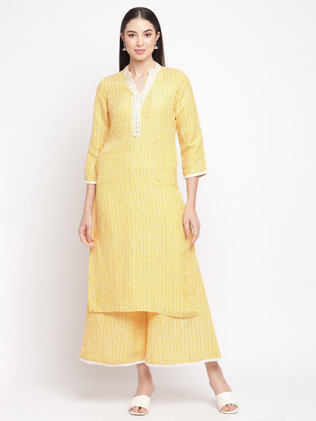 

Be Indi Women Geometric Printed Straight Cotton Linen Kurta Set with Trouser, Mustard
